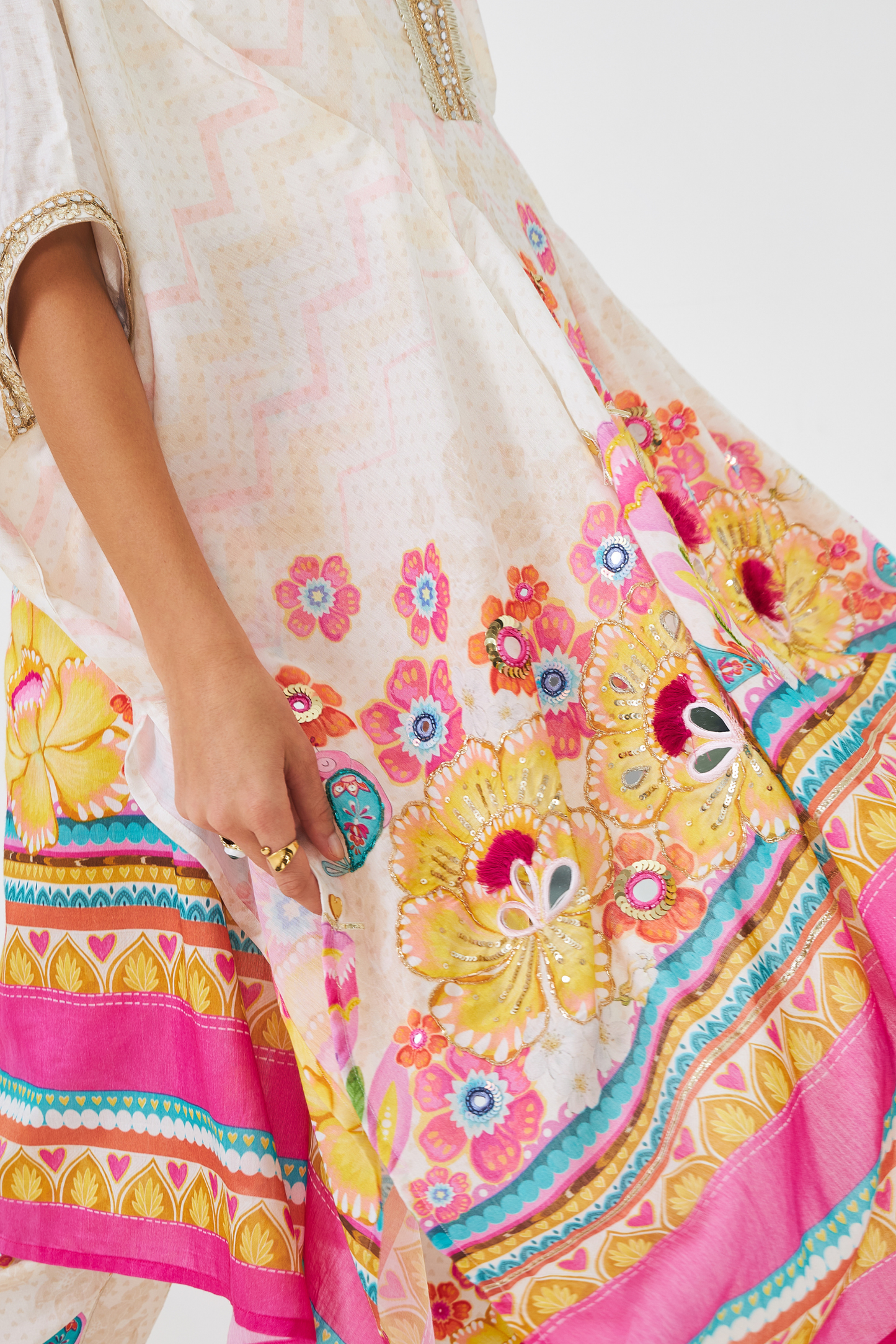 Freya Mustard Ladies Embroidered  Tunic With Tulip Trousers ( Set of 2 Pcs)