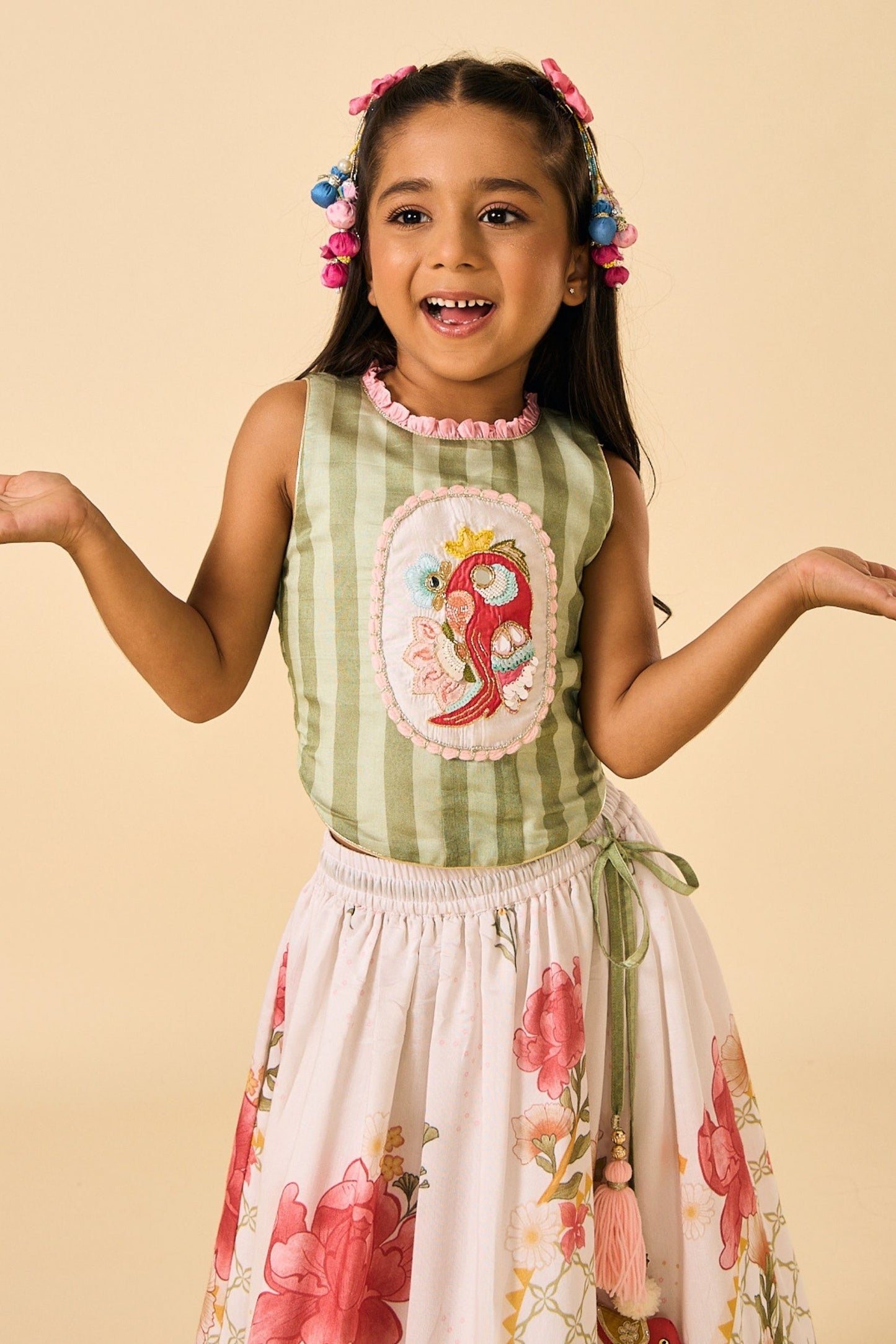 White Makrana Girls Embellished Parrot Top With Skirt & Dupatta( 3 Pc Set)