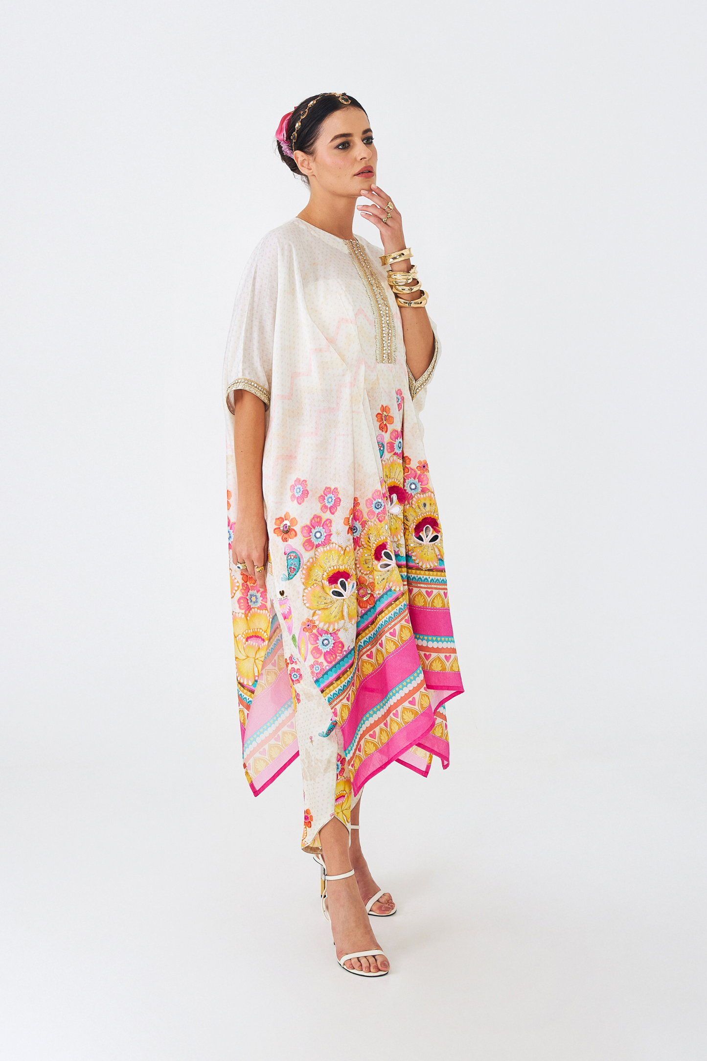 Freya Mustard Ladies Embroidered  Tunic With Tulip Trousers ( Set of 2 Pcs)