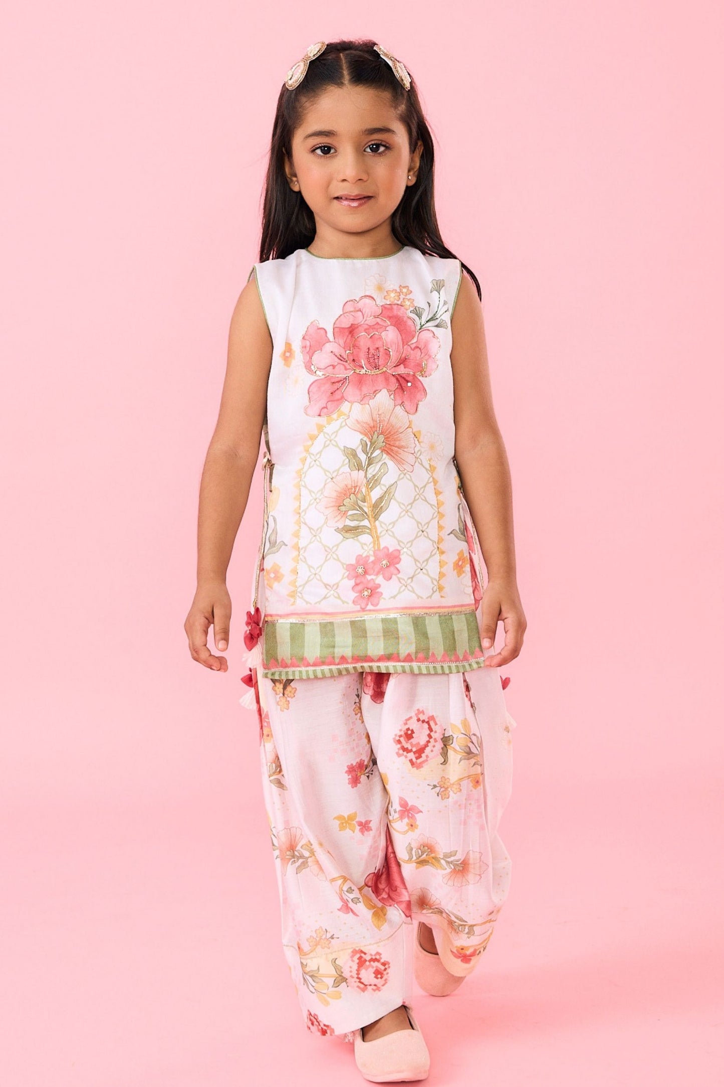 White Makrana Girls Embellished Sleeveless Tunic With Wide Trouser Coord( 2 Pc Set)