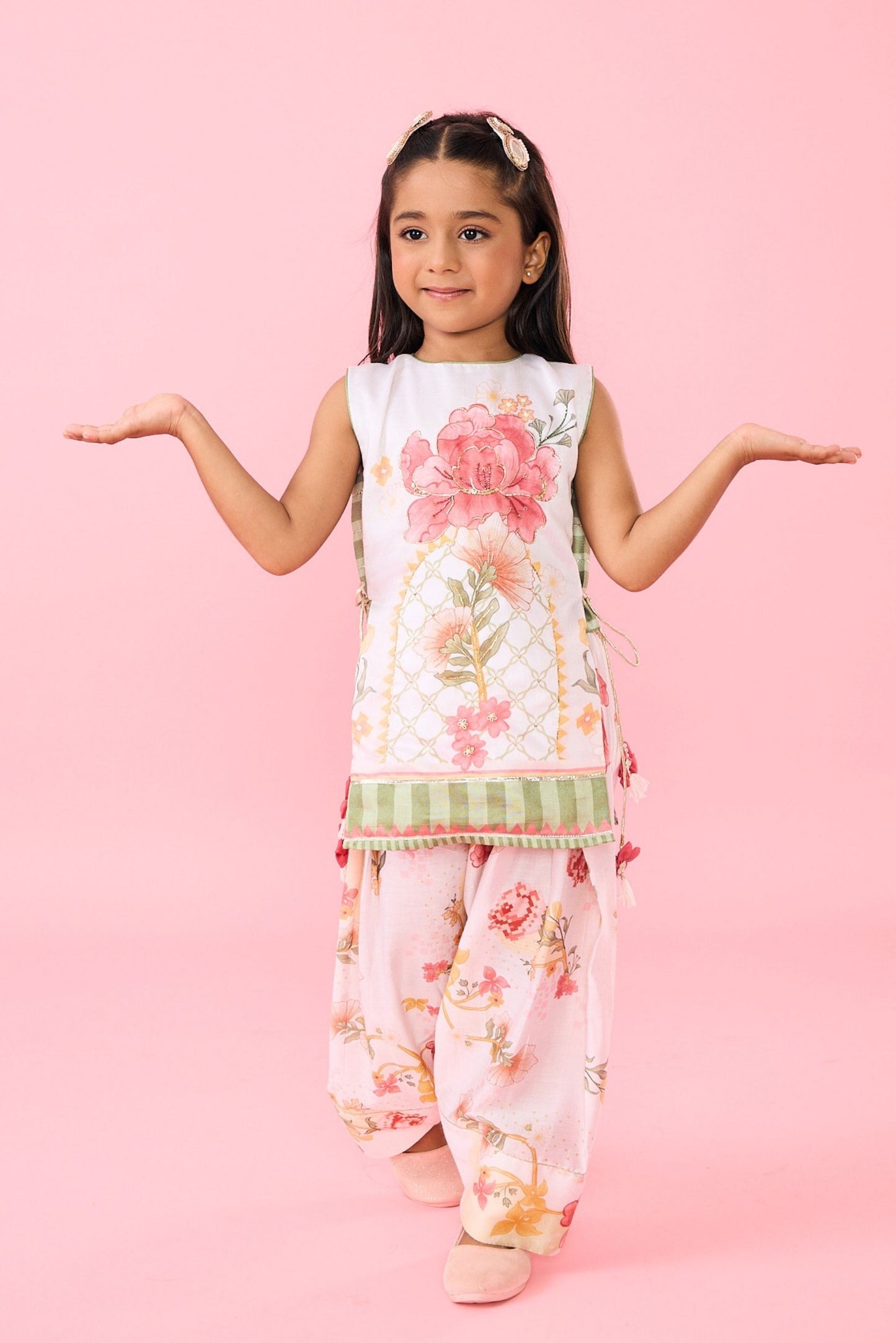 White Makrana Girls Embellished Sleeveless Tunic With Wide Trouser Coord( 2 Pc Set)