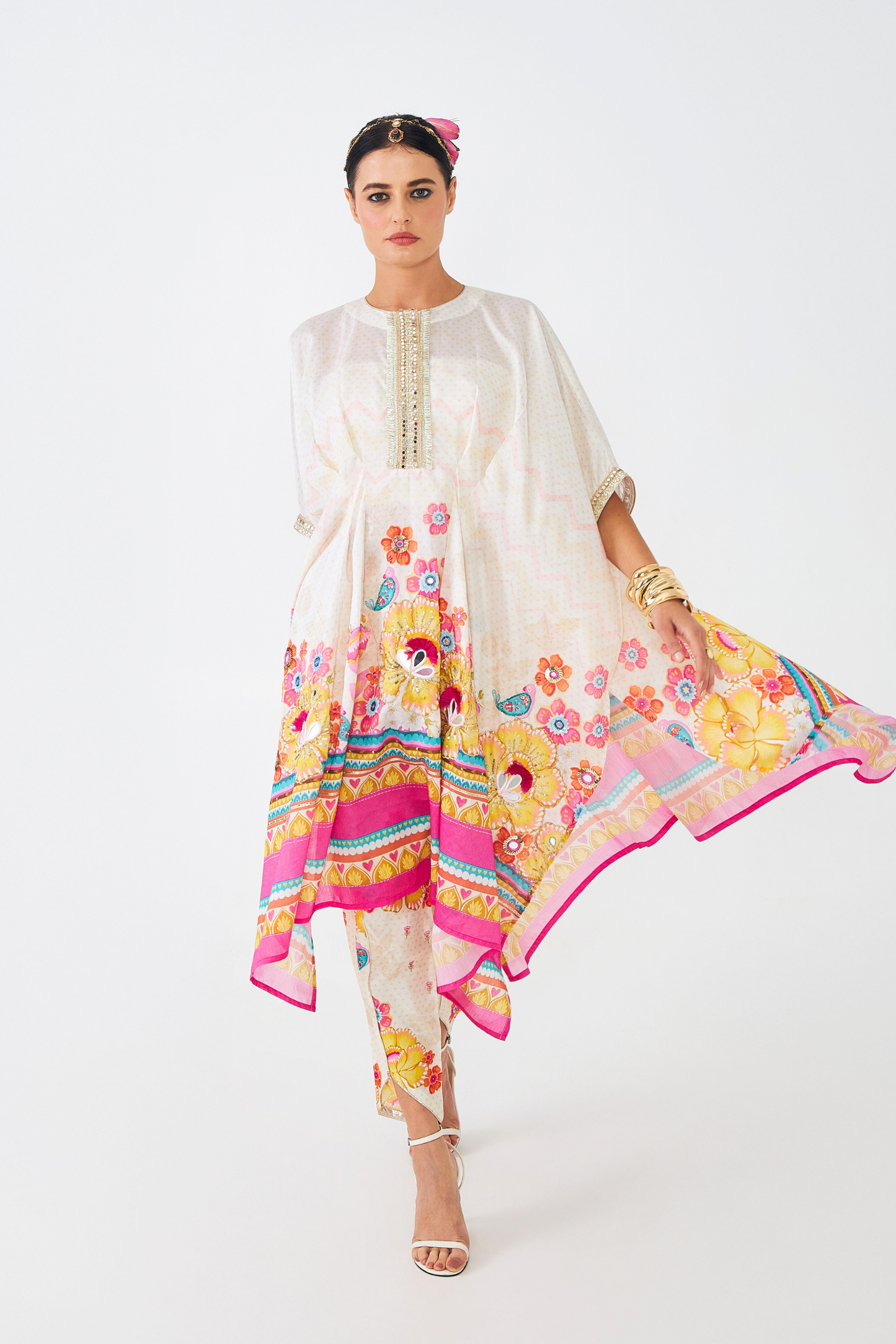 Freya Mustard Ladies Embroidered  Tunic With Tulip Trousers ( Set of 2 Pcs)