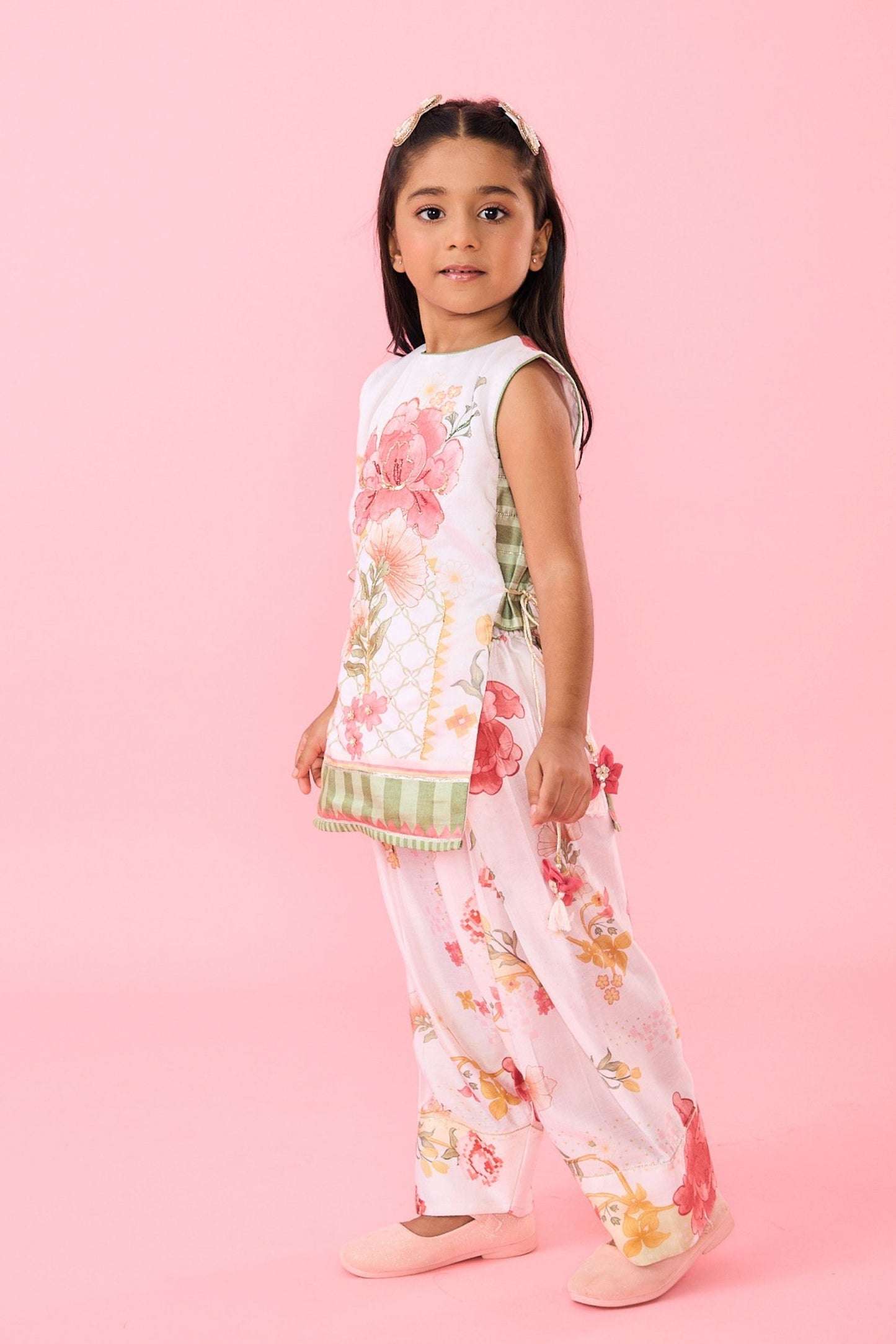 White Makrana Girls Embellished Sleeveless Tunic With Wide Trouser Coord( 2 Pc Set)