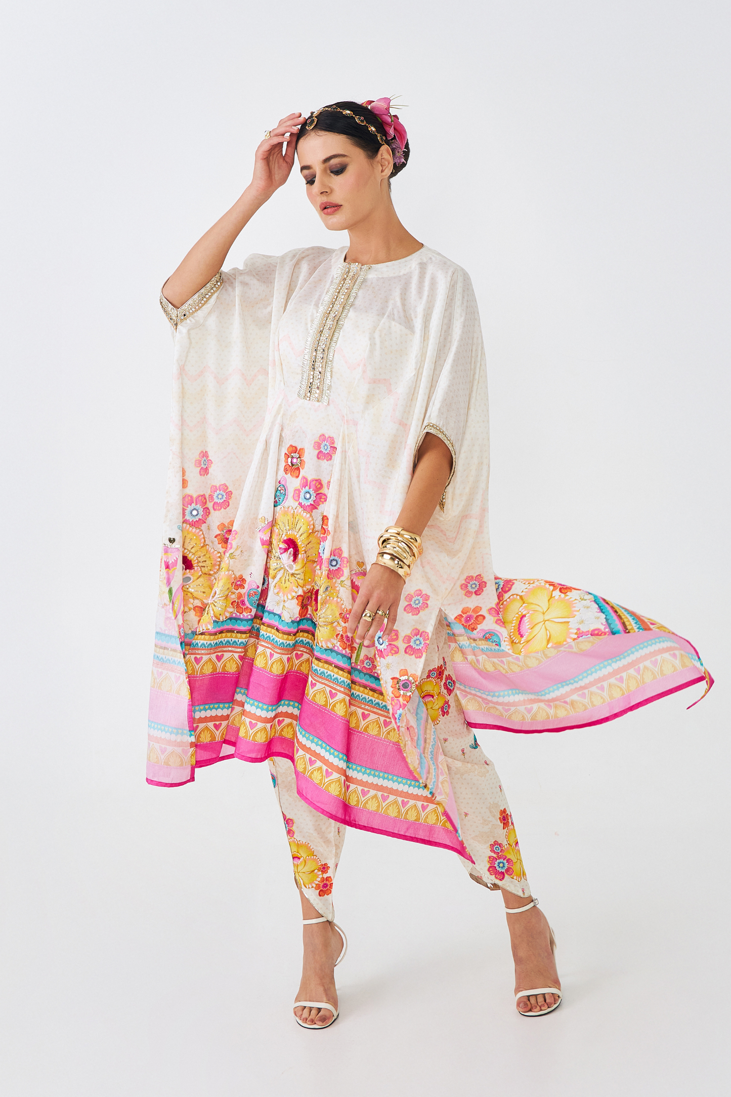 Freya Mustard Ladies Embroidered  Tunic With Tulip Trousers ( Set of 2 Pcs)