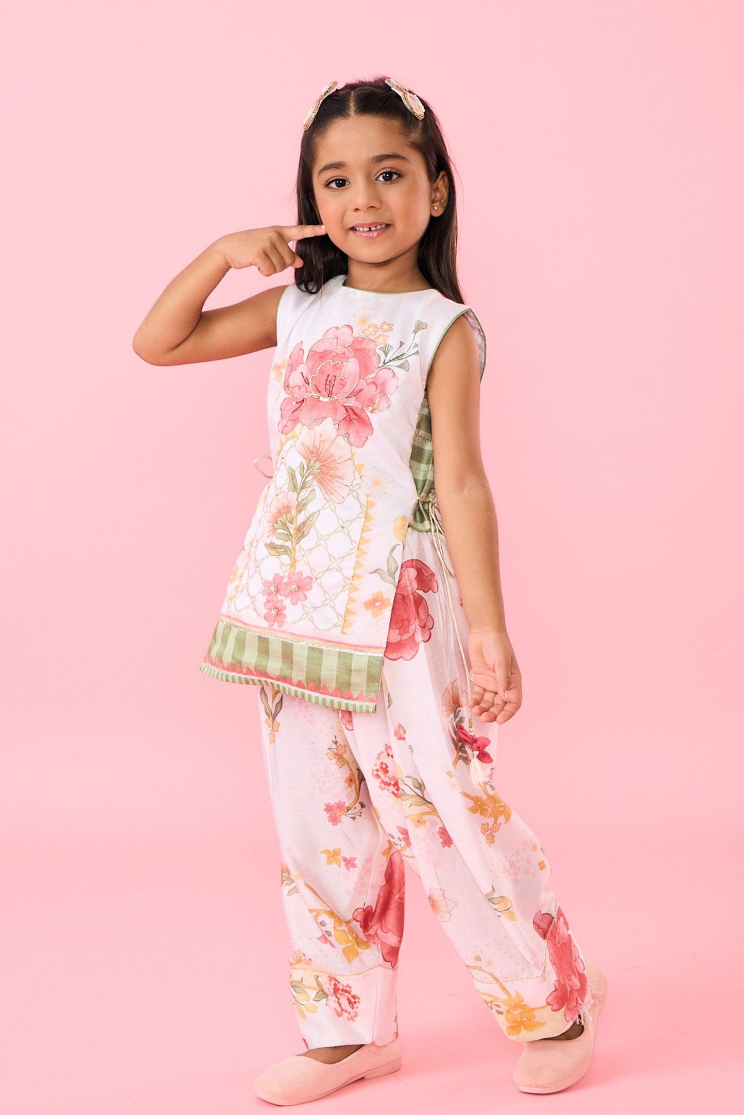 White Makrana Girls Embellished Sleeveless Tunic With Wide Trouser Coord( 2 Pc Set)