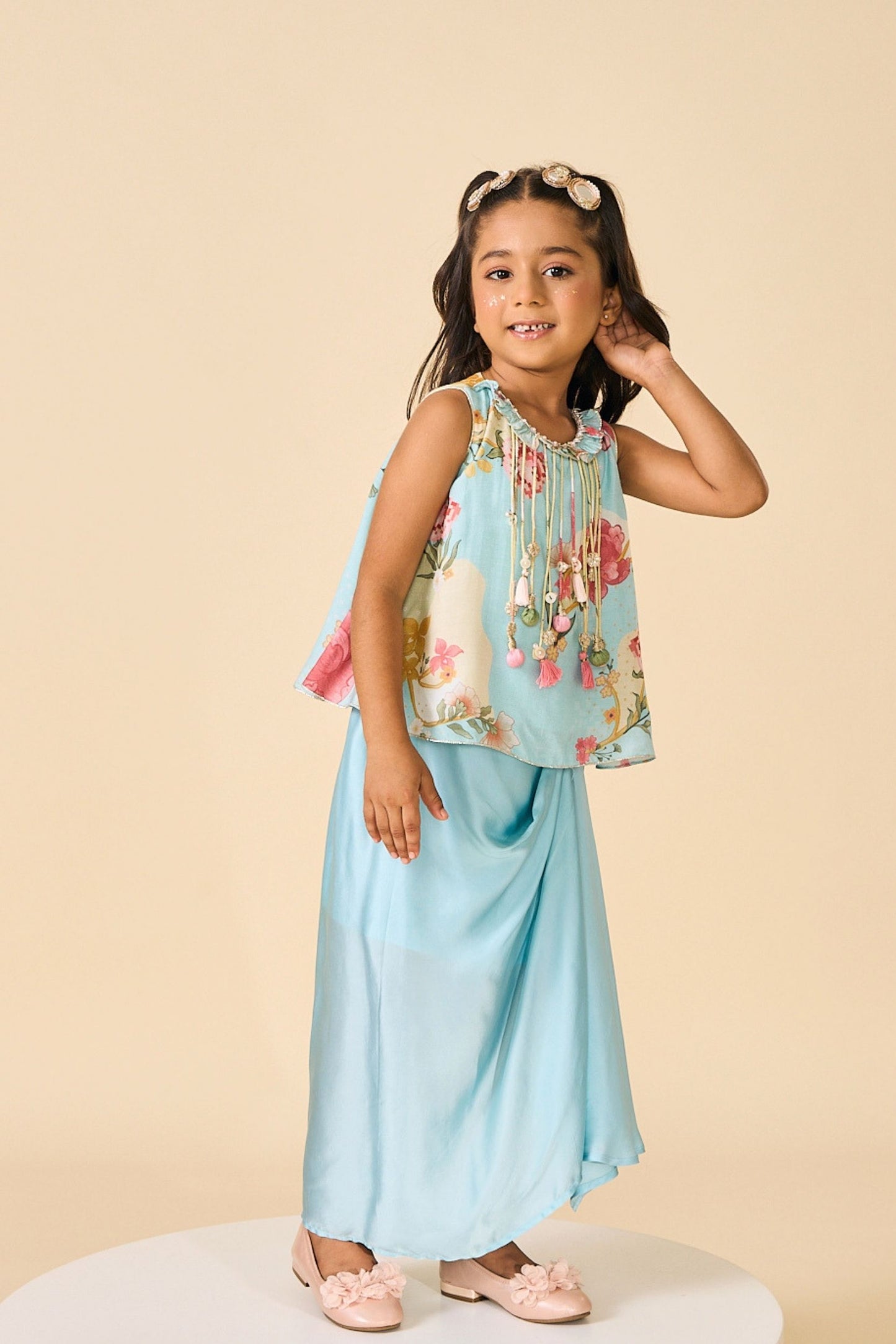 Blue Clay Embellished Girls Fringe Top & Draped Skirt ( 2 Pc Set)