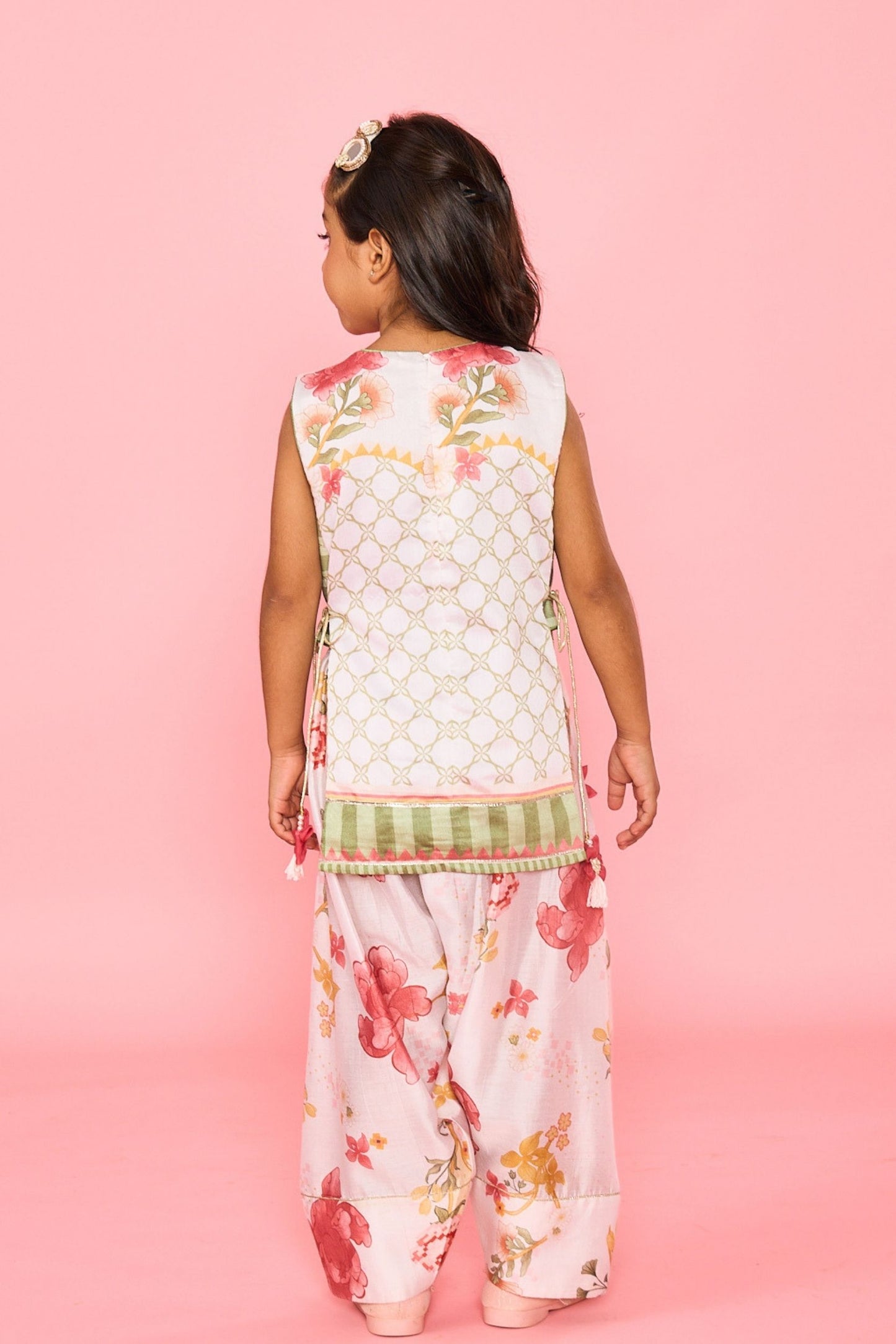 White Makrana Girls Embellished Sleeveless Tunic With Wide Trouser Coord( 2 Pc Set)