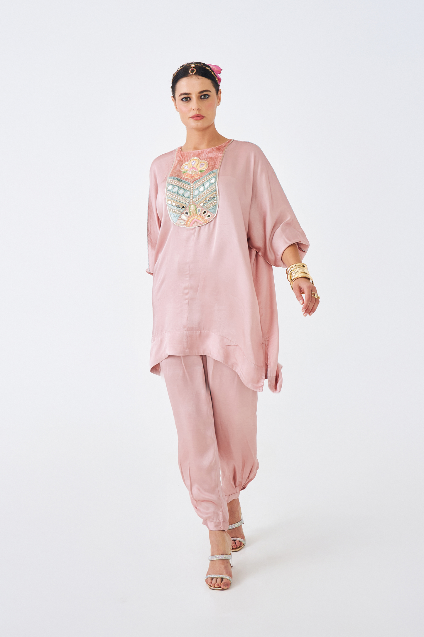 Amara Nude Pink Ladies Embellished Tunic & Trousers (Set of 2pcs)