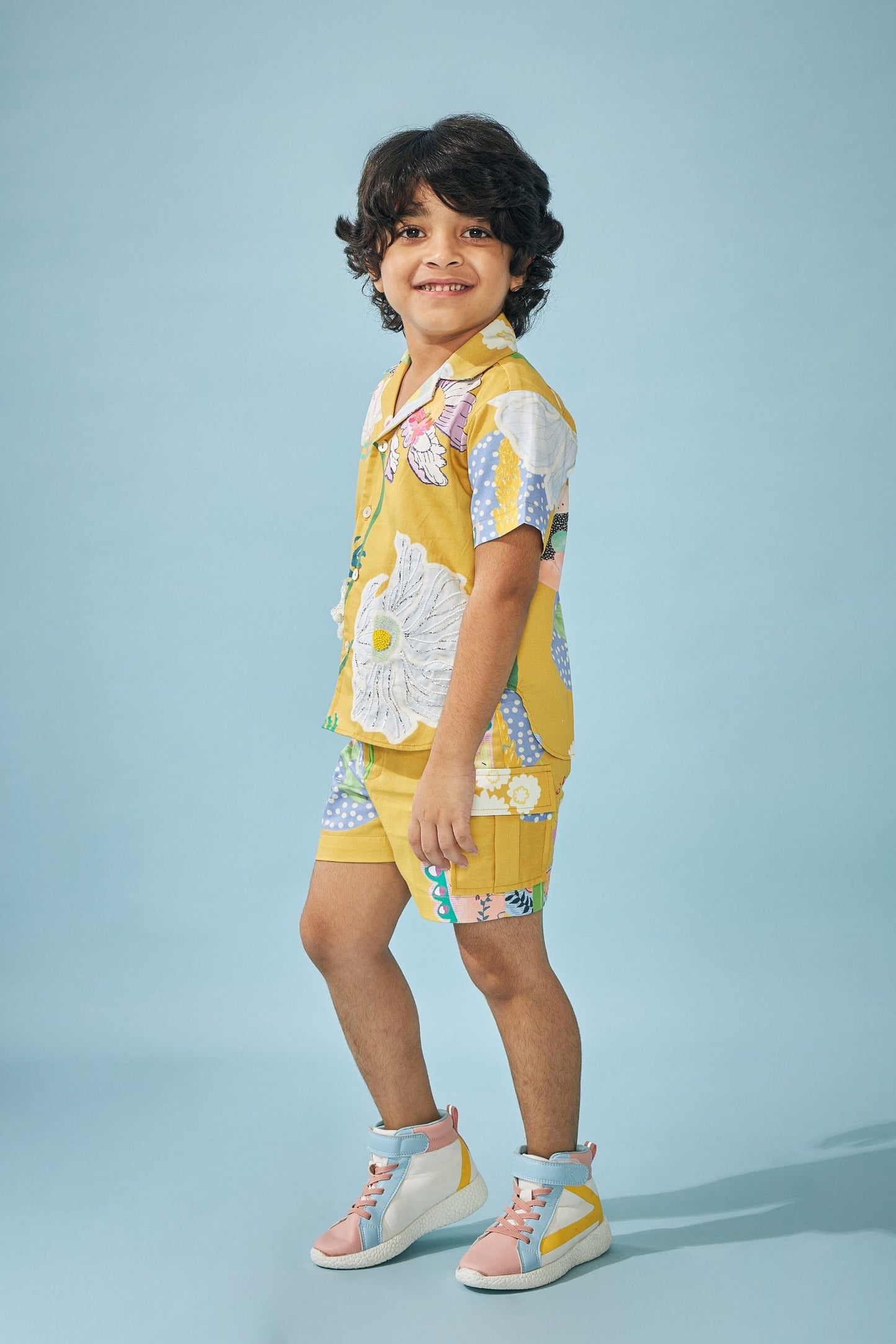 Yellow Bloom Embellished Boys Shirts Shorts Coord (2 pc set)