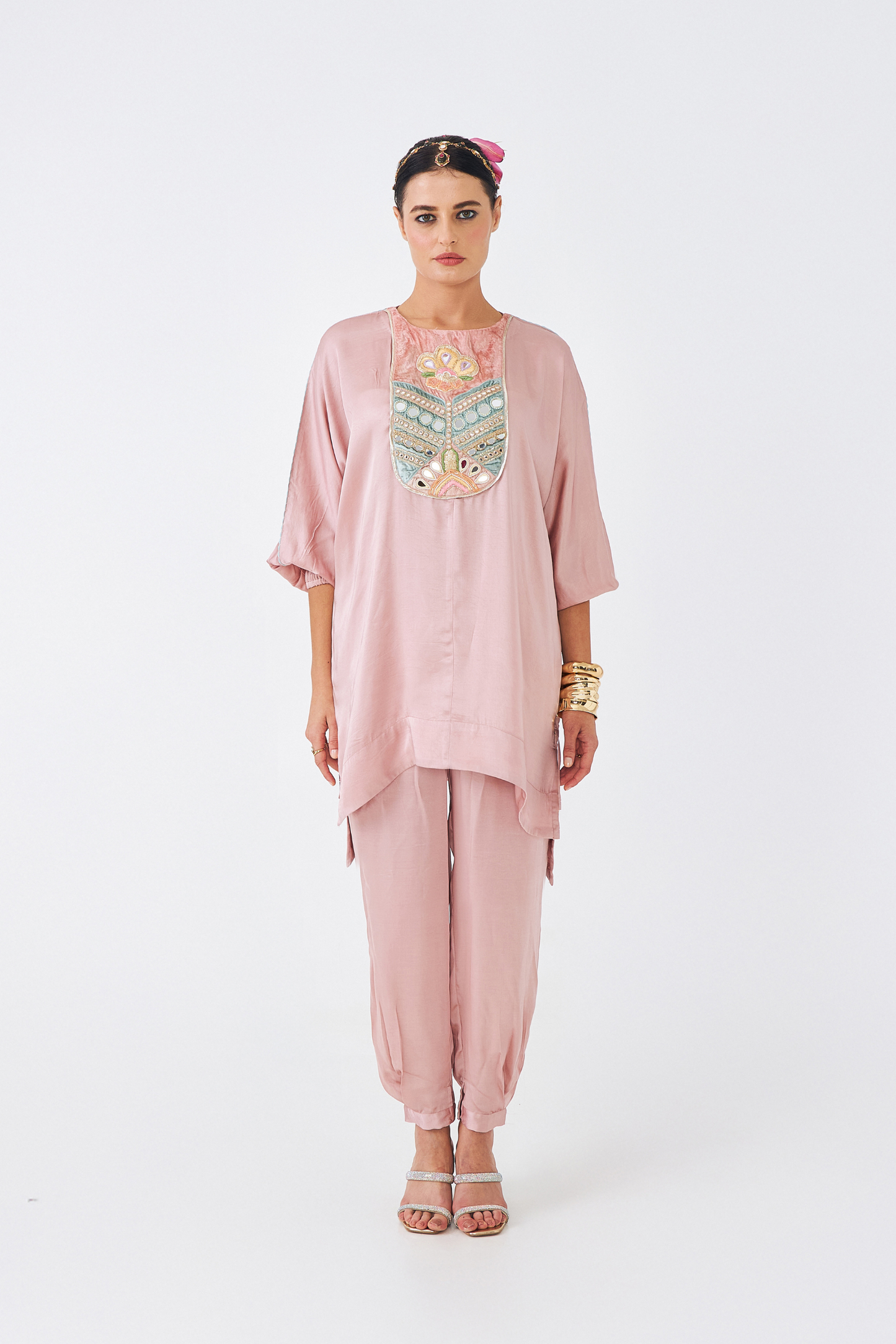 Amara Nude Pink Ladies Embellished Tunic & Trousers (Set of 2pcs)
