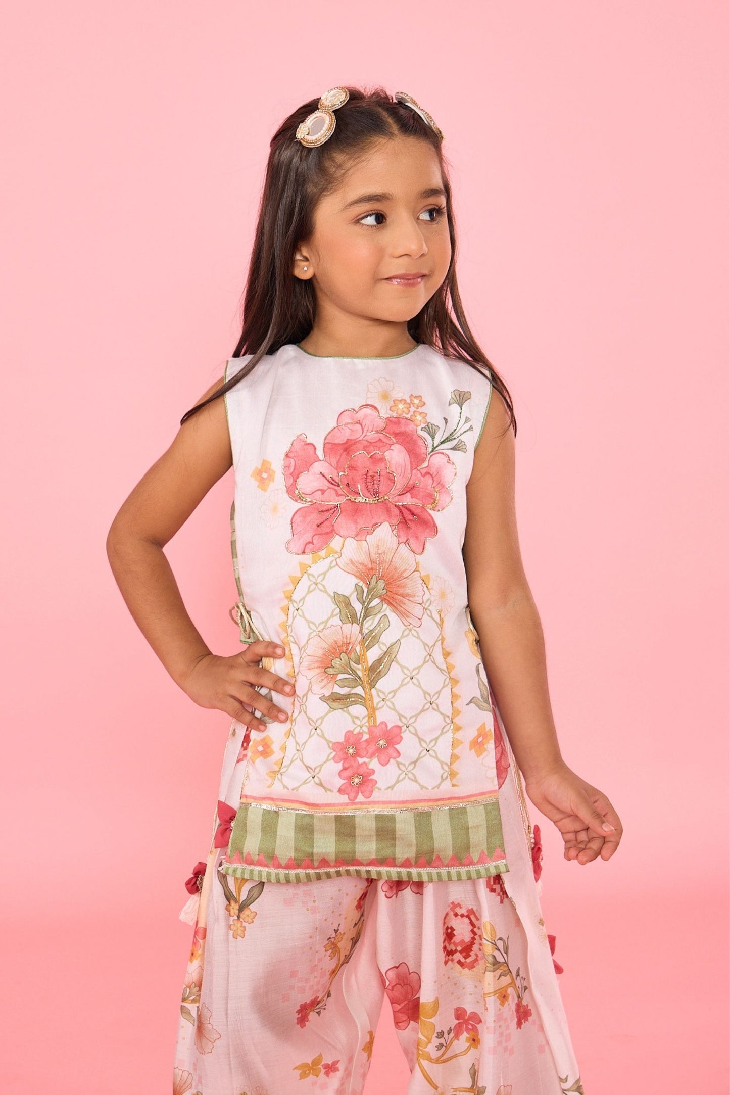 White Makrana Girls Embellished Sleeveless Tunic With Wide Trouser Coord( 2 Pc Set)