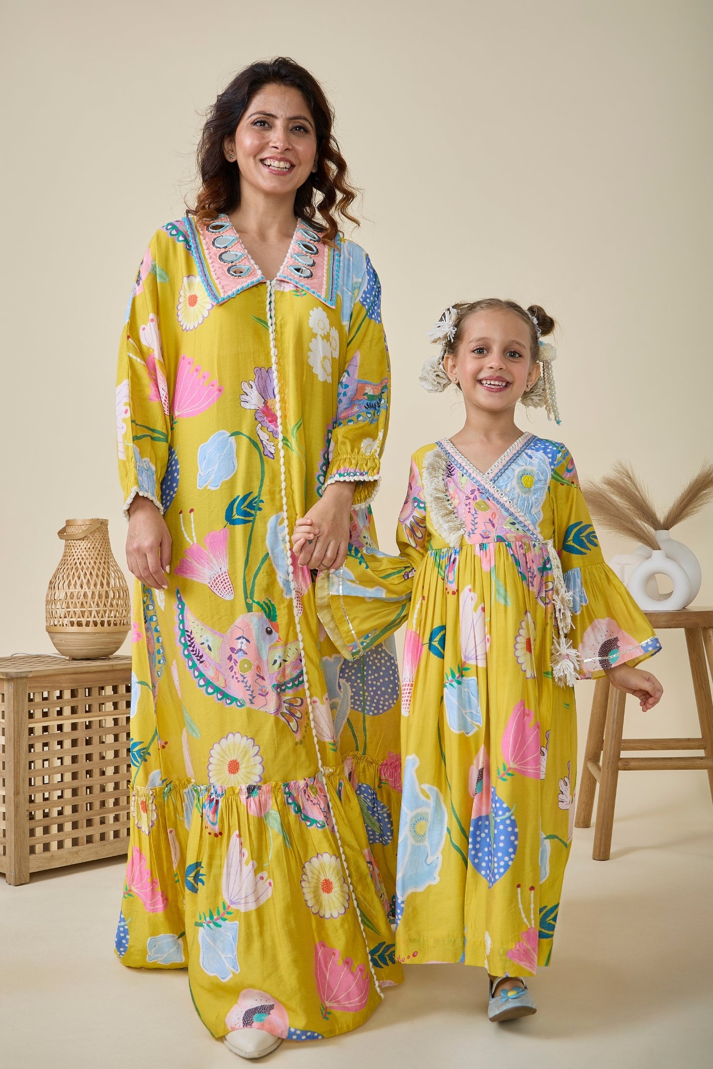 Yellow Bloom Embellished Girls Wrap Dress + Yellow Bloom Embellished Ladies Maxi Dress