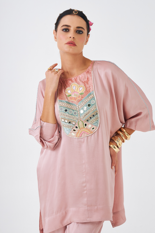 Amara Nude Pink Ladies Embellished Tunic & Trousers (Set of 2pcs)