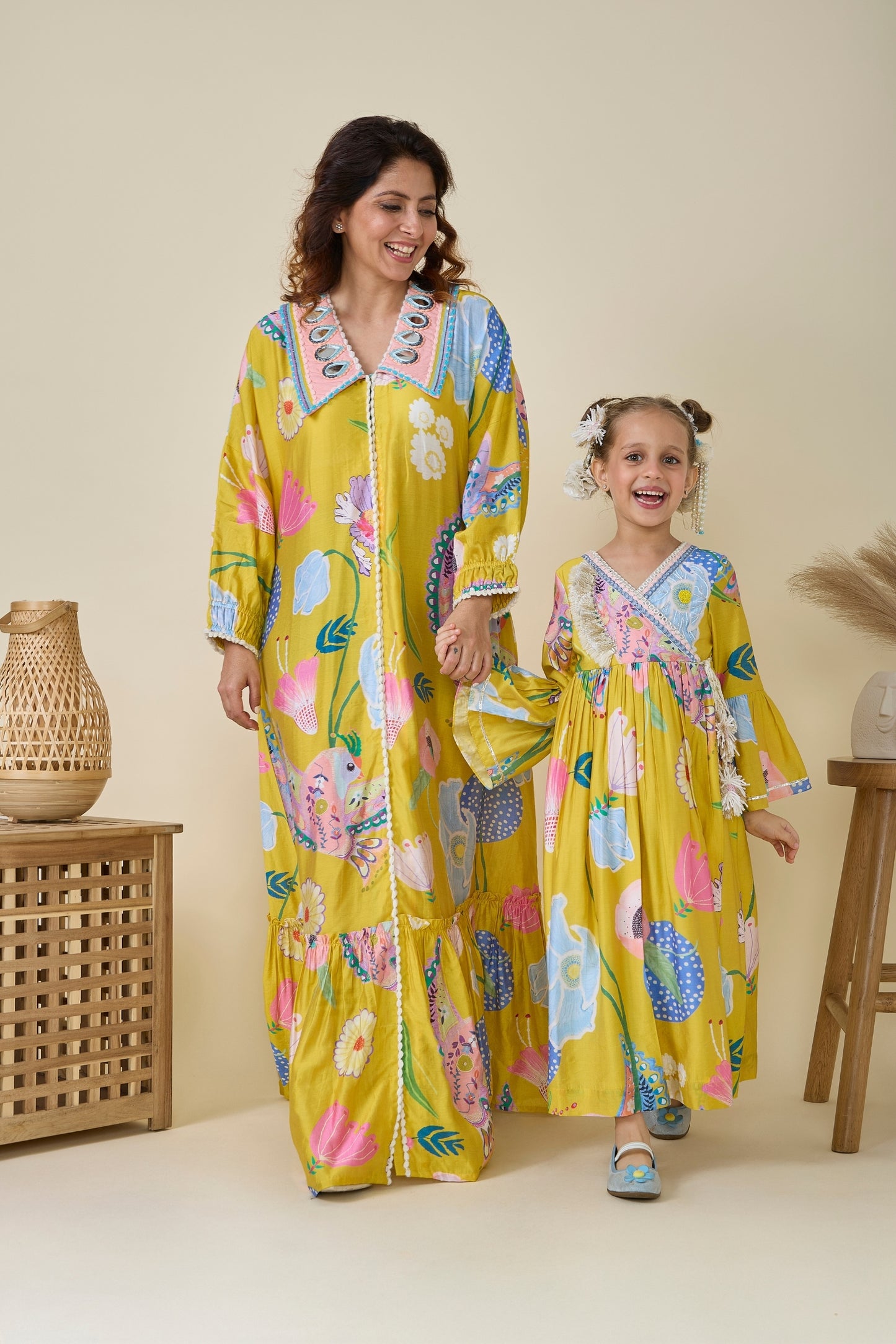 Yellow Bloom Embellished Girls Wrap Dress + Yellow Bloom Embellished Ladies Maxi Dress