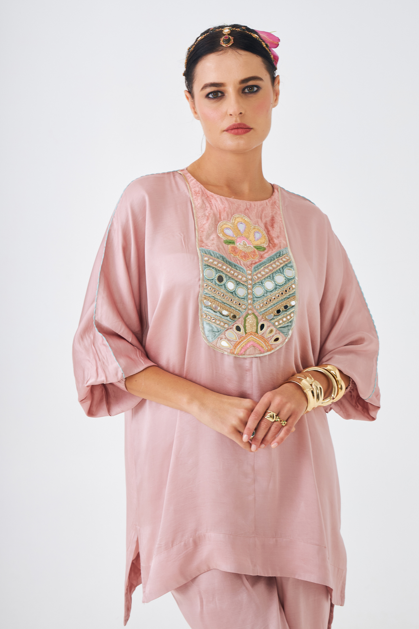Amara Nude Pink Ladies Embellished Tunic & Trousers (Set of 2pcs)