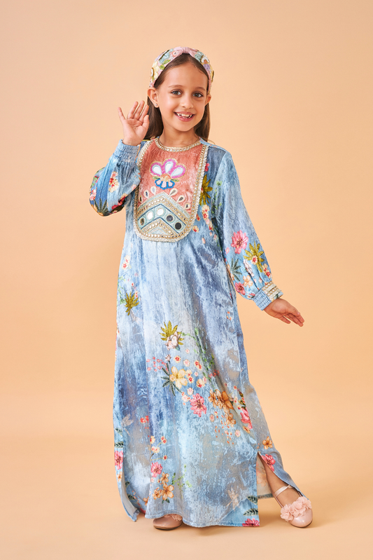 Clea Blue Velvet Girls Long Dress
