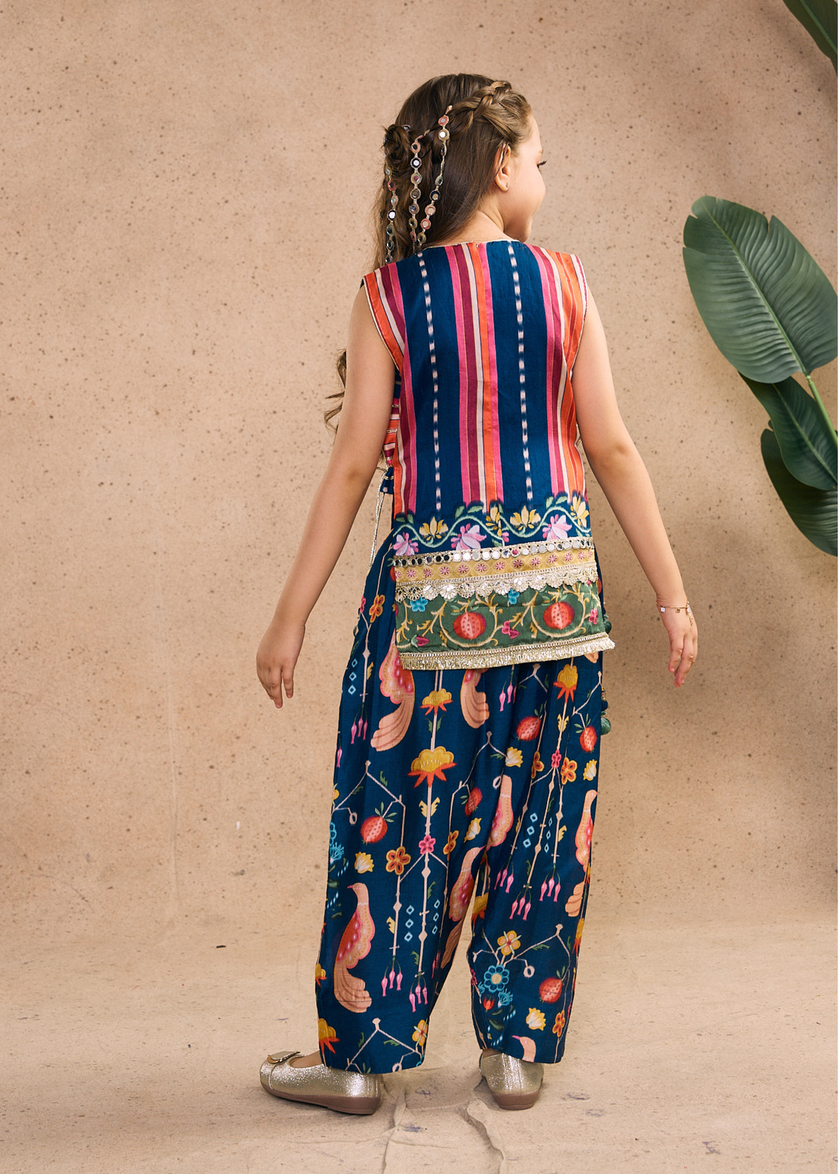 Dalia Navy Girls Embellished Top & Pleated Pant (Set of 2 pcs)
