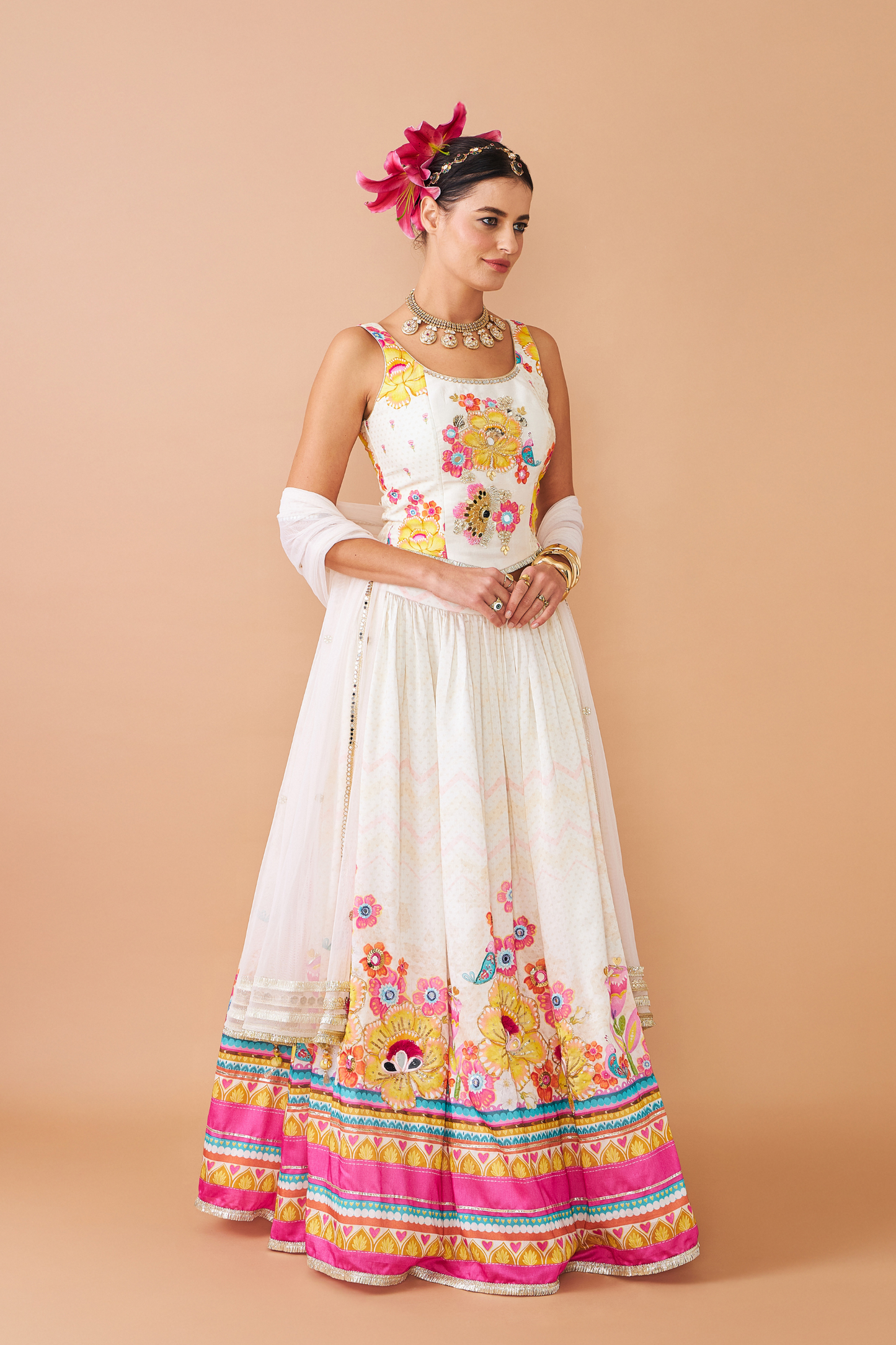 Freya Mustard Ladies Embroidered Corset With Lehenga (Set of 3 Pcs)