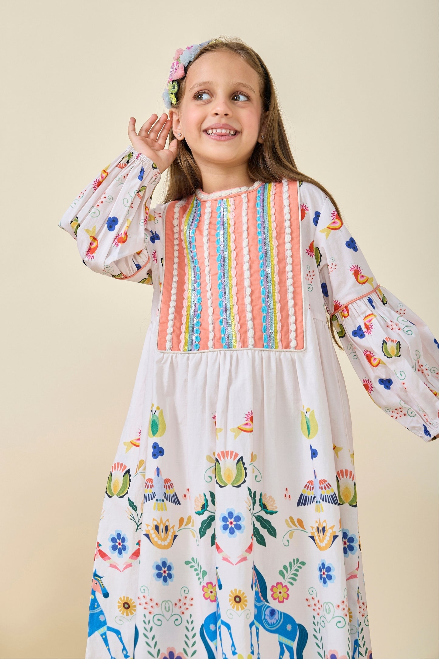 Cuckoo Horse Embellished Girls Long Dress