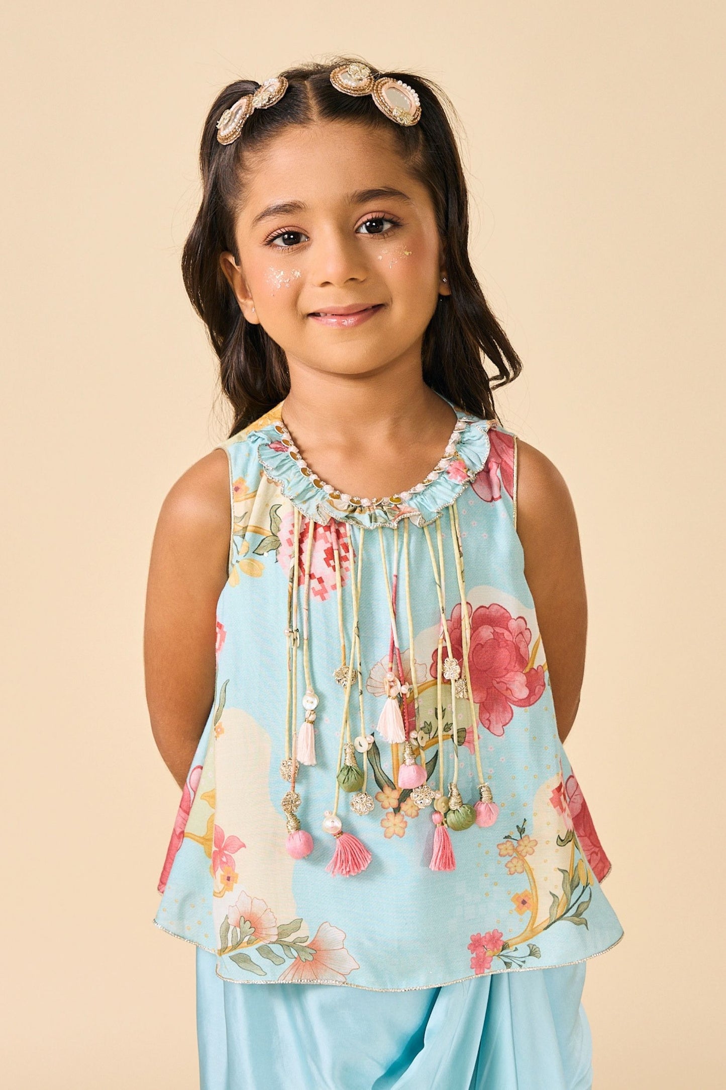 Blue Clay Embellished Girls Fringe Top & Draped Skirt ( 2 Pc Set)