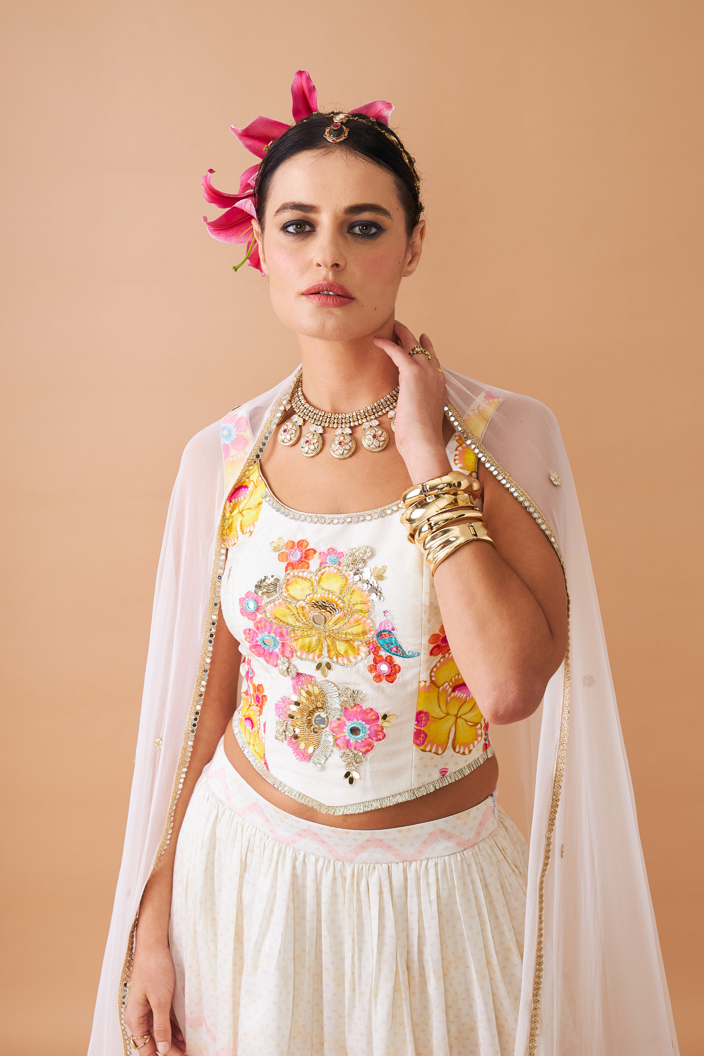 Freya Mustard Ladies Embroidered Corset With Lehenga (Set of 3 Pcs)