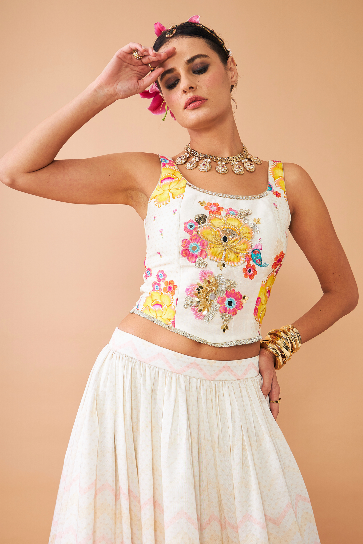 Freya Mustard Ladies Embroidered Corset With Lehenga (Set of 3 Pcs)