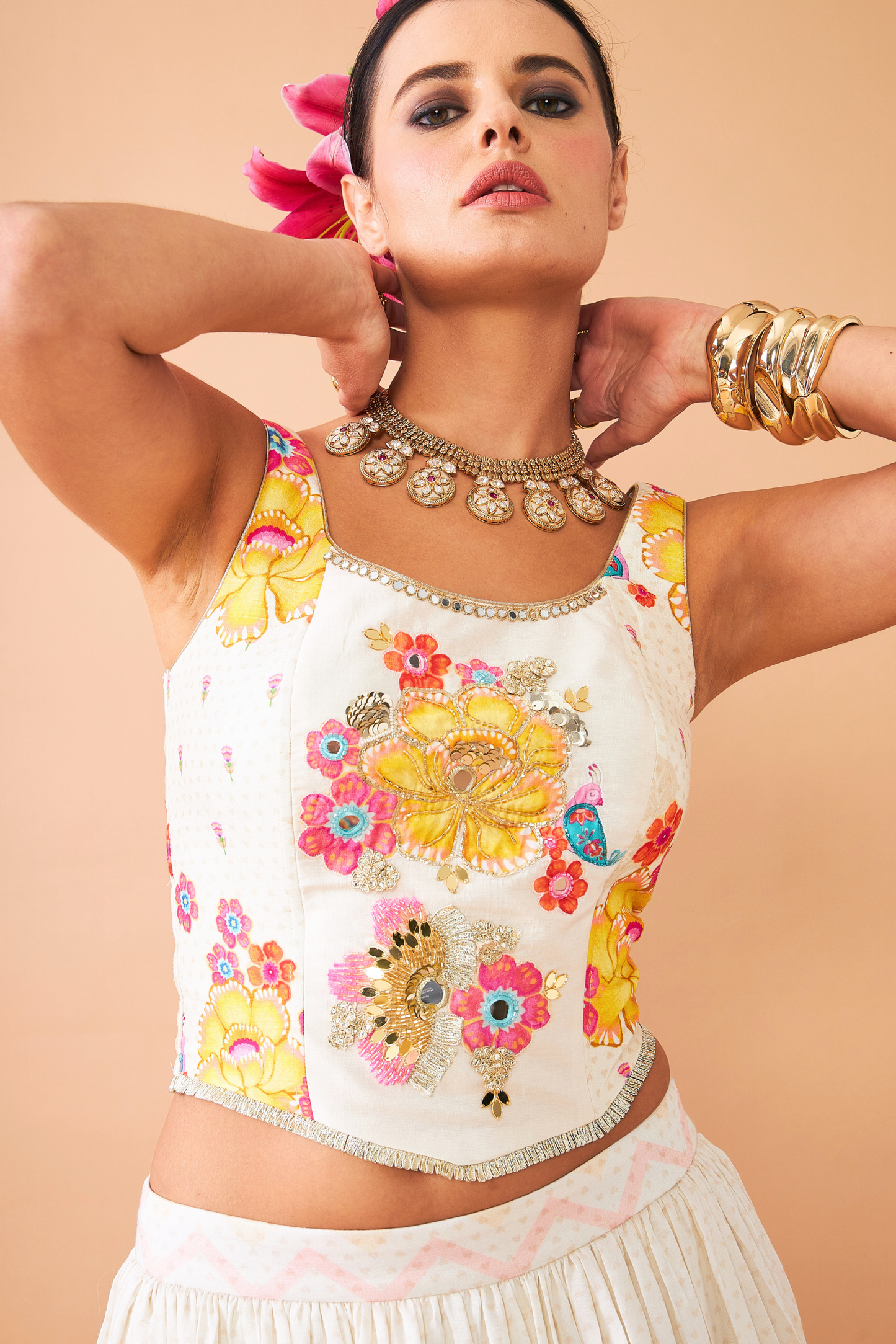 Freya Mustard Ladies Embroidered Corset With Lehenga (Set of 3 Pcs)