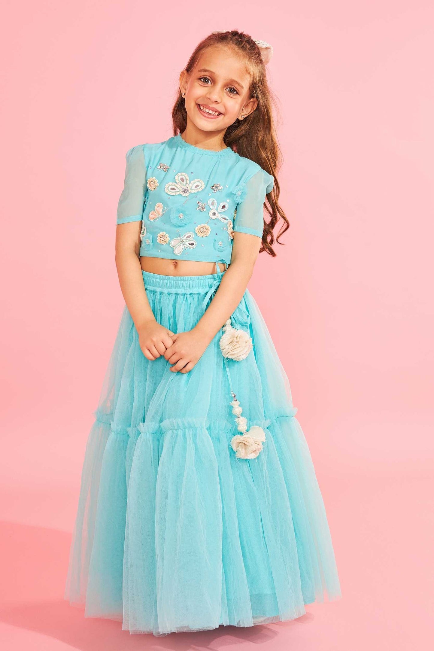 Aqua Blue Embellished Girls Crop Top & Skirt (3 Pc Set)