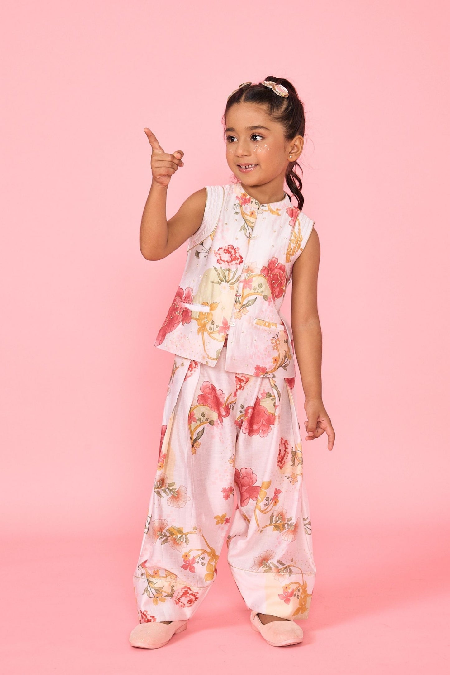 White Makrana Girls Embellished Waistcoat With Wide Trouser Coord( 2 Pc Set)