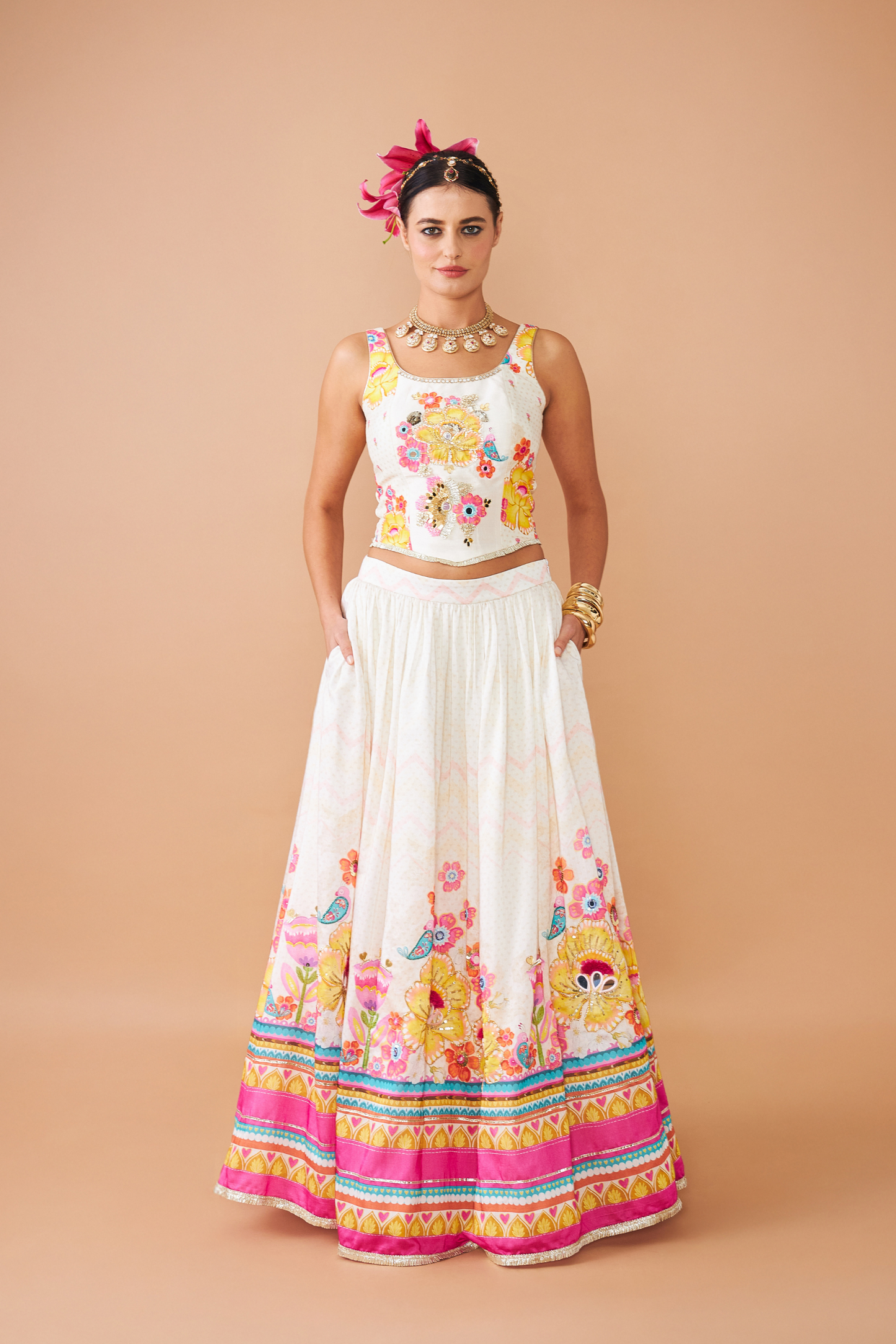 Freya Mustard Ladies Embroidered Corset With Lehenga (Set of 3 Pcs)