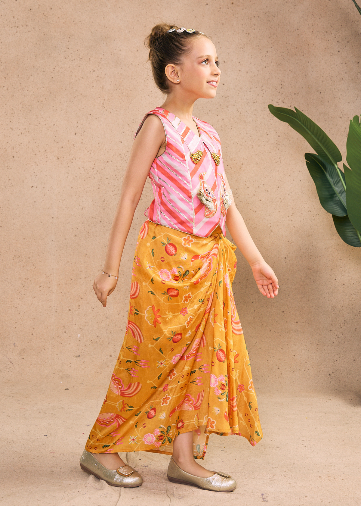 Nella Orange Girls Embellished Vest & Drape Skirt (Set of 2 pcs)