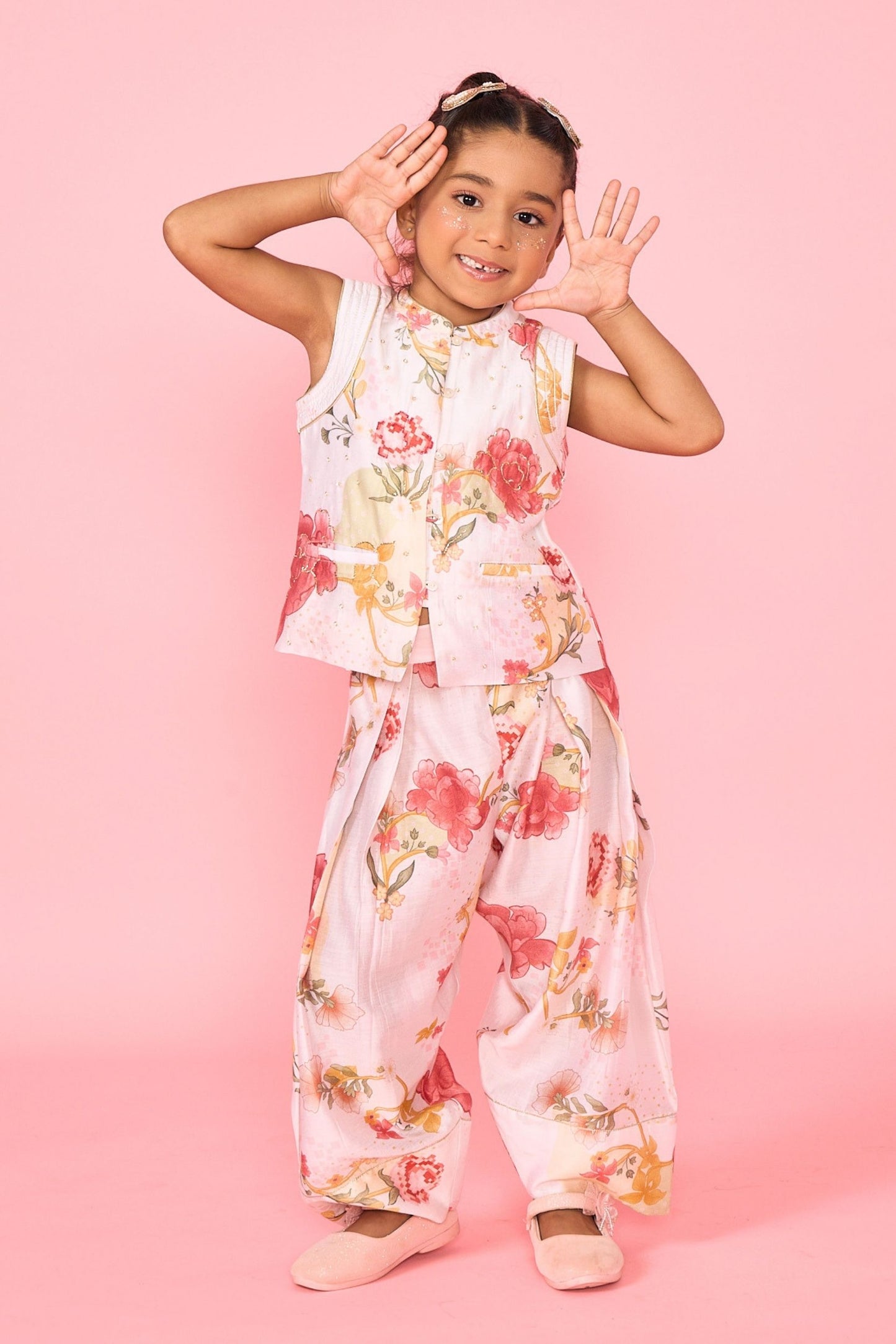 White Makrana Girls Embellished Waistcoat With Wide Trouser Coord( 2 Pc Set)