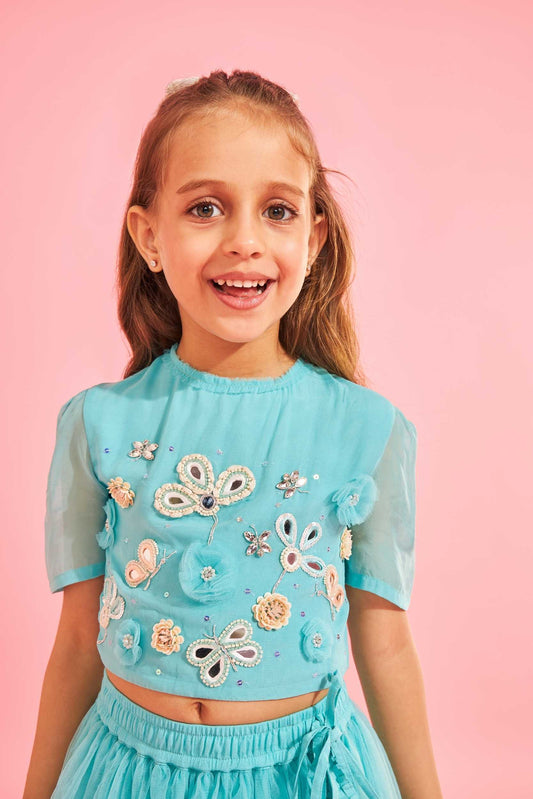 Aqua Blue Embellished Girls Crop Top & Skirt (3 Pc Set)