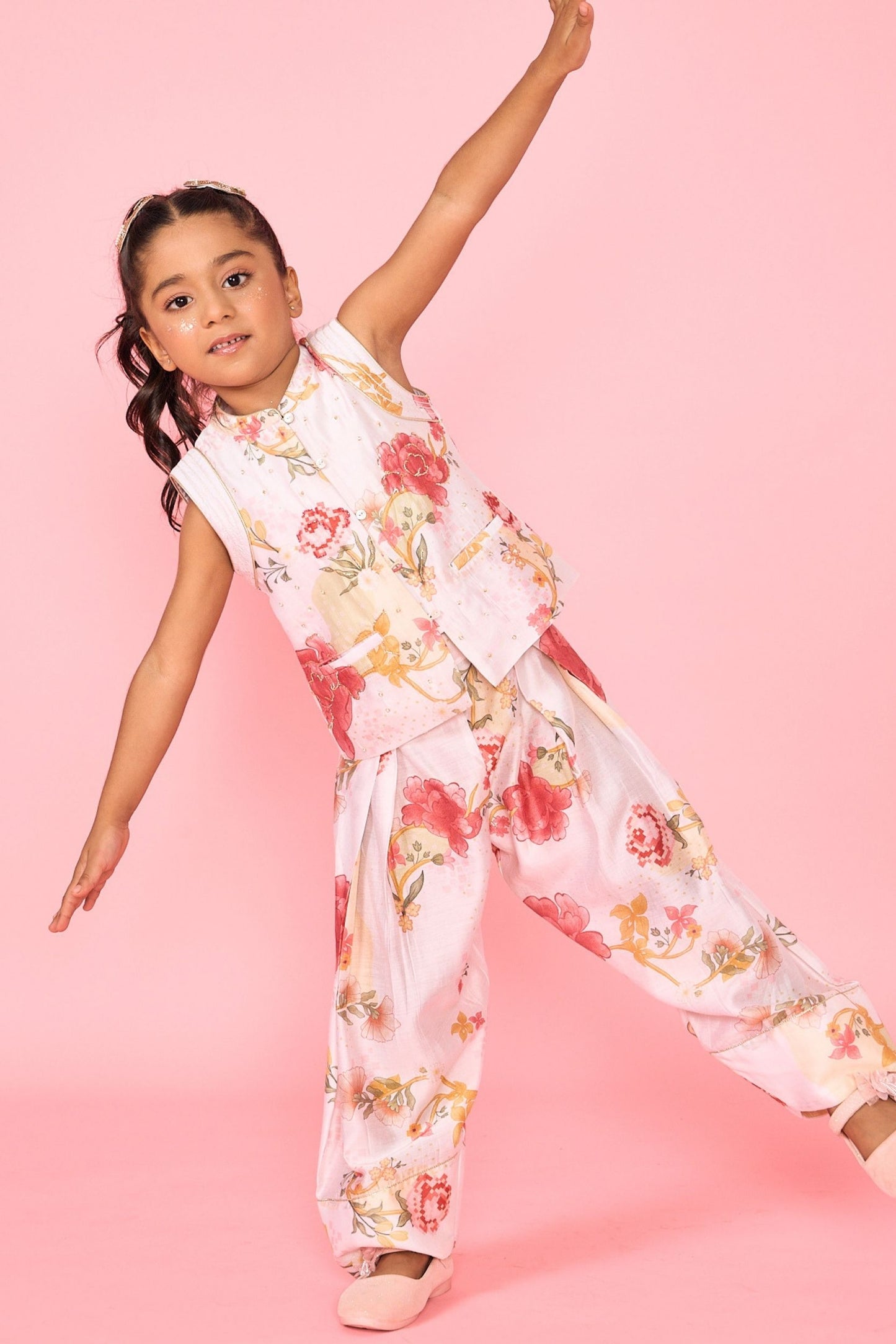White Makrana Girls Embellished Waistcoat With Wide Trouser Coord( 2 Pc Set)