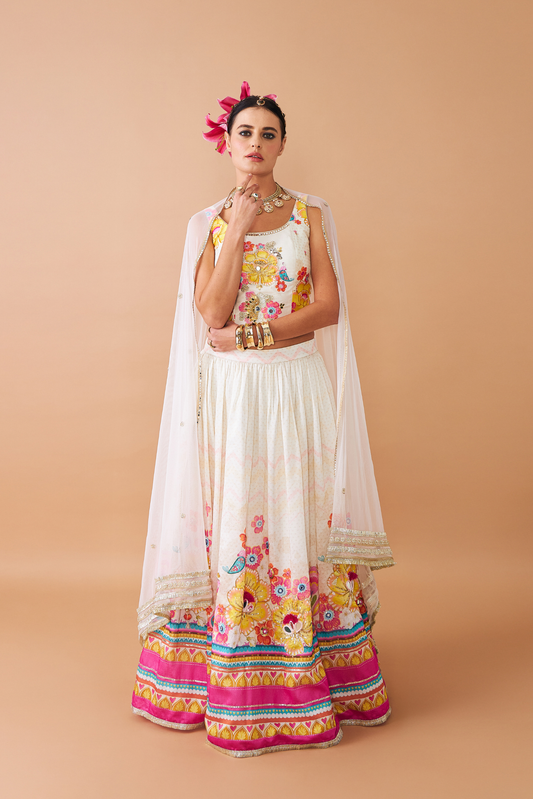 Freya Mustard Ladies Embroidered Corset With Lehenga (Set of 3 Pcs)