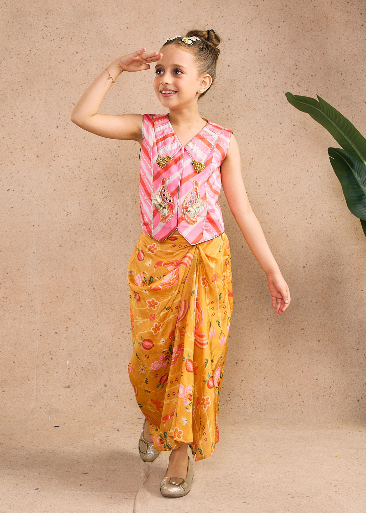 Nella Orange Girls Embellished Vest & Drape Skirt (Set of 2 pcs)