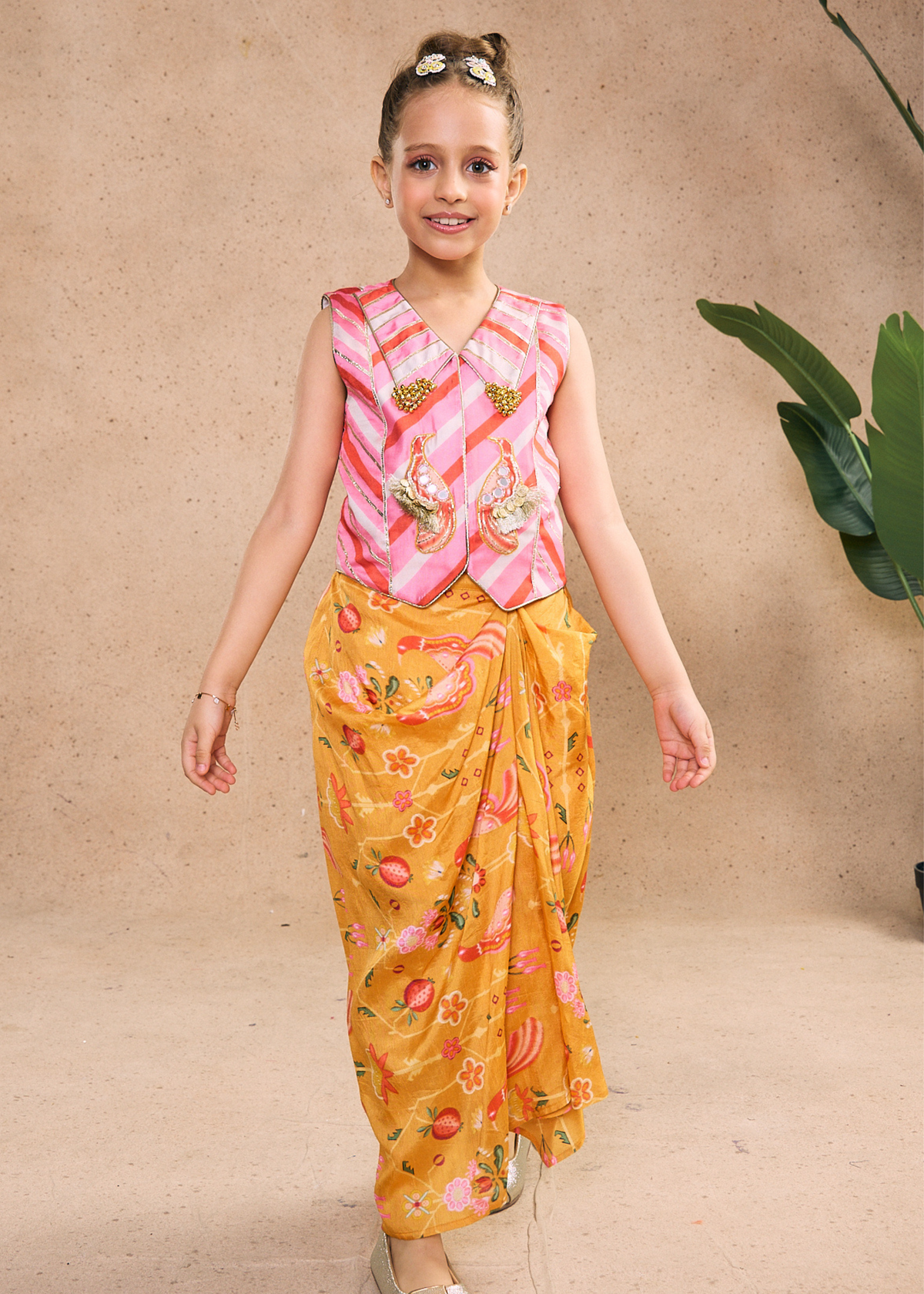 Nella Orange Girls Embellished Vest & Drape Skirt (Set of 2 pcs)