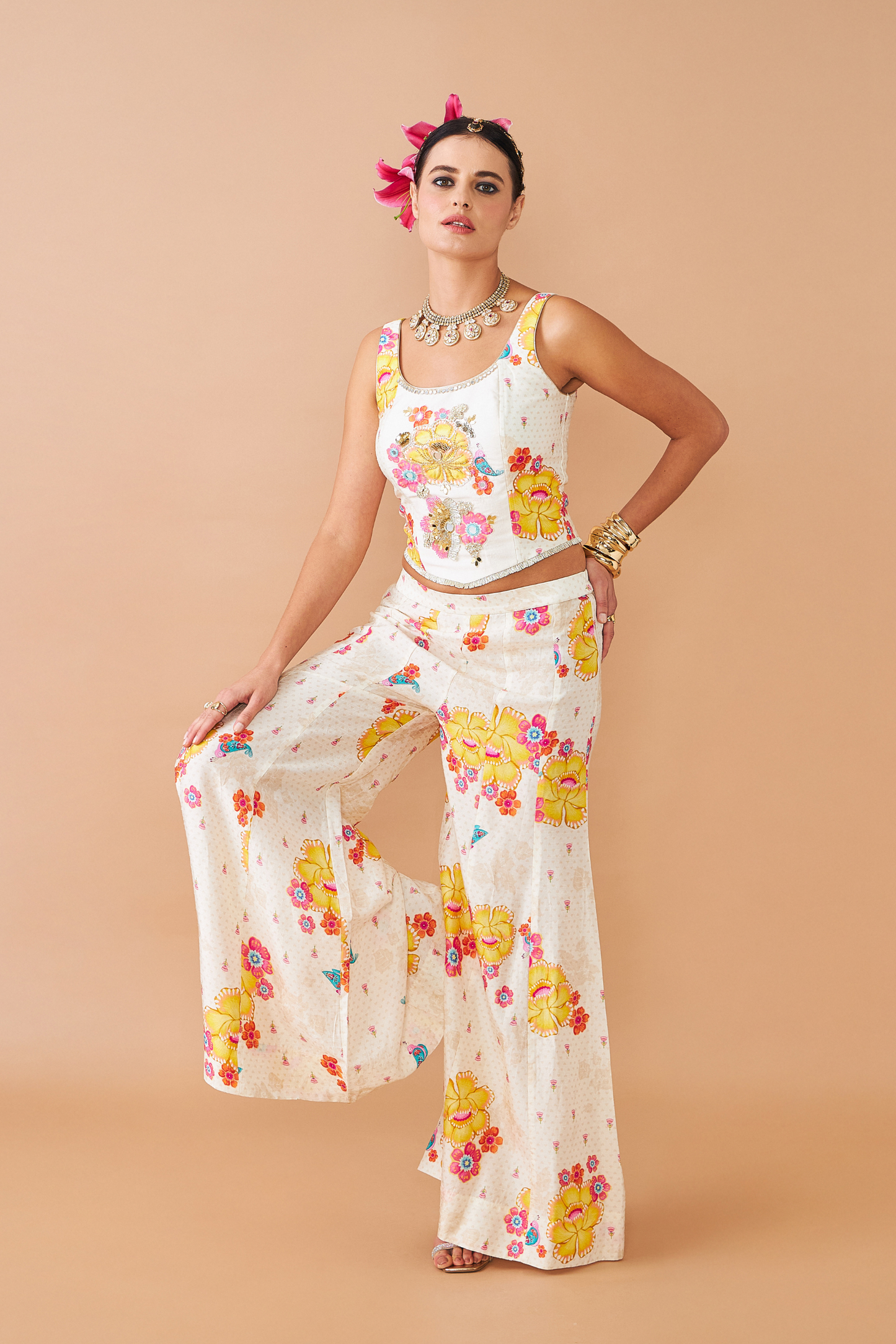 Freya Mustard Ladies Embellished Corset With Flared Trousers Co-ord (Set of 2pcs)