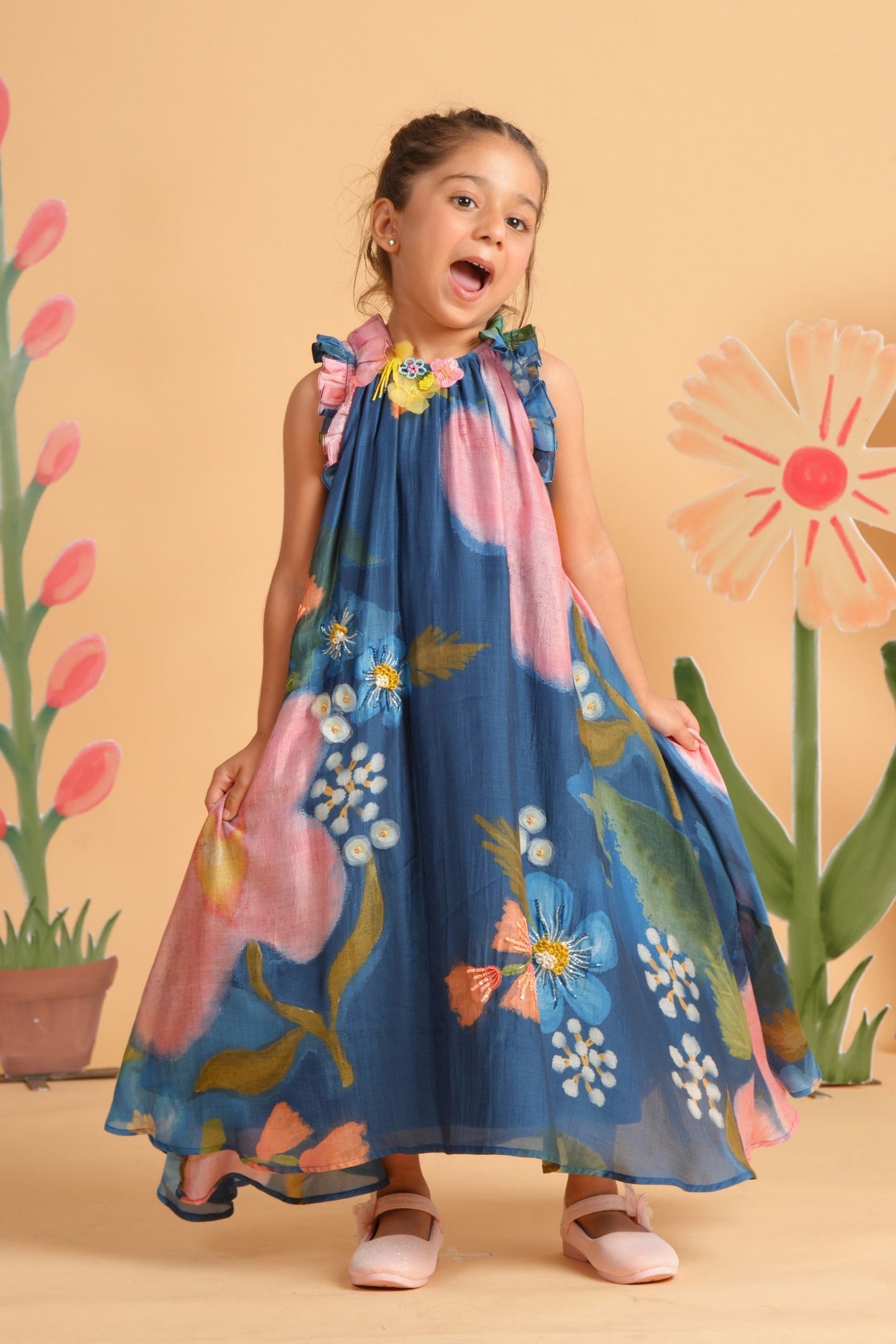 Iris Bloom Girls Embroidered Flared Dress