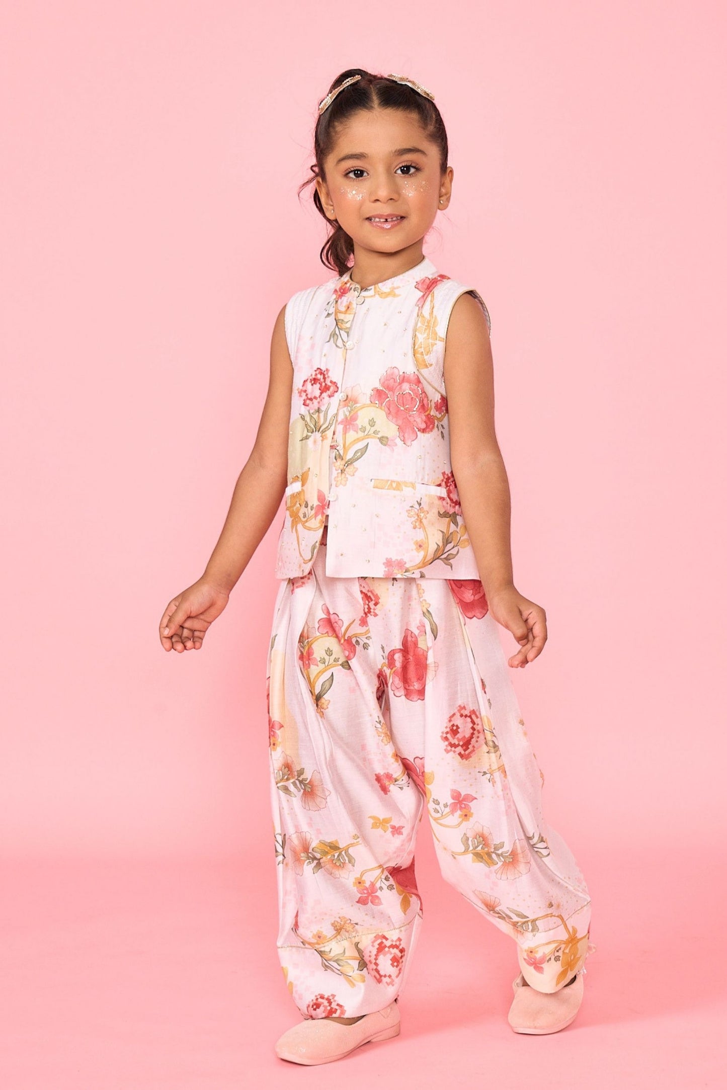 White Makrana Girls Embellished Waistcoat With Wide Trouser Coord( 2 Pc Set)