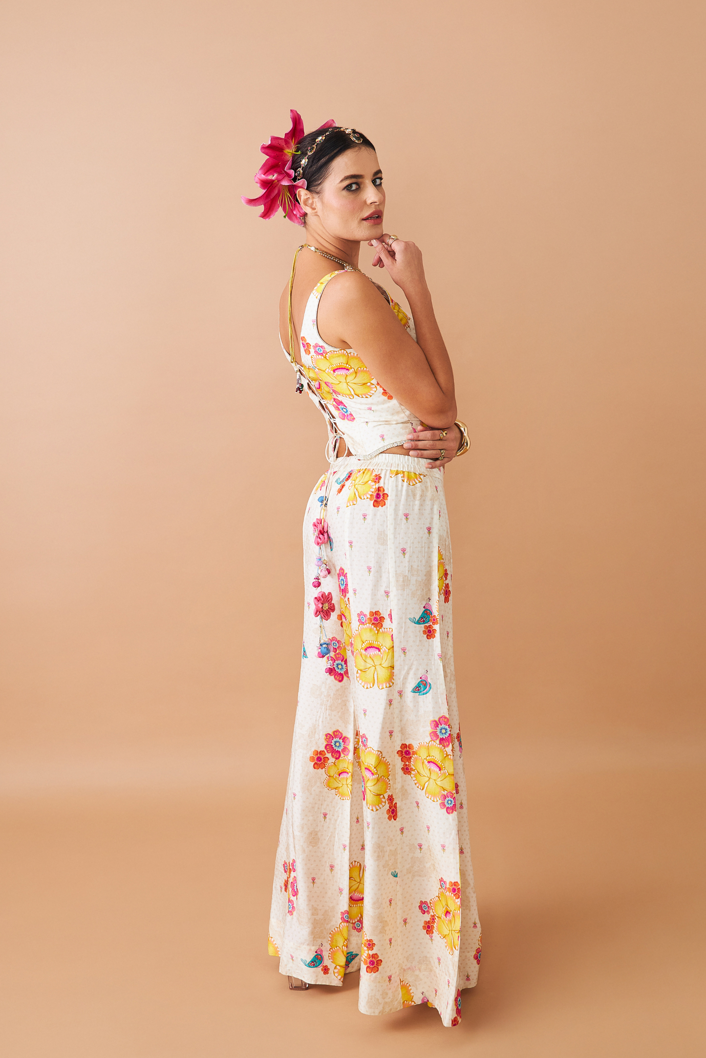 Freya Mustard Ladies Embellished Corset With Flared Trousers Co-ord (Set of 2pcs)