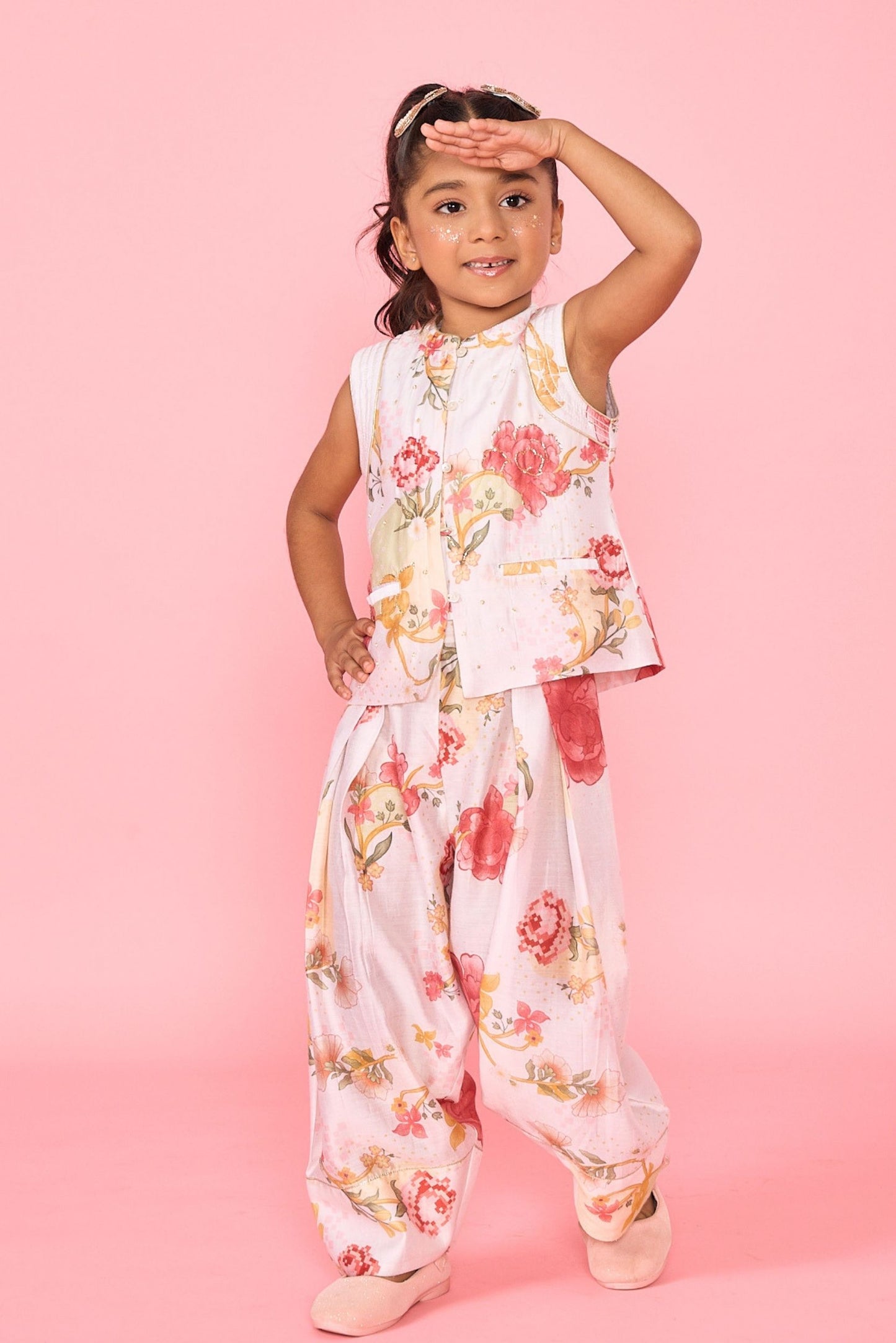 White Makrana Girls Embellished Waistcoat With Wide Trouser Coord( 2 Pc Set)