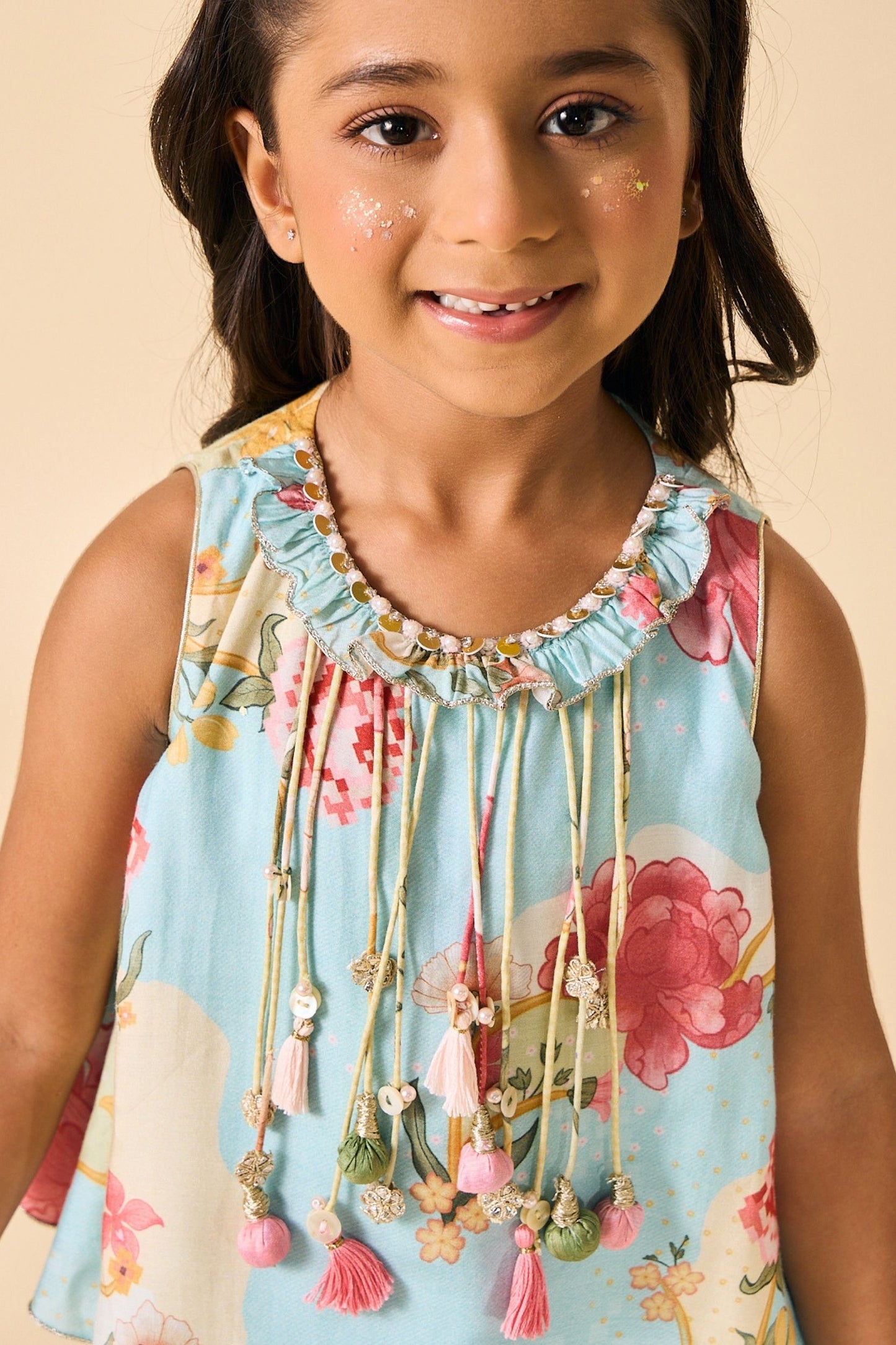 Blue Clay Embellished Girls Fringe Top & Draped Skirt ( 2 Pc Set)
