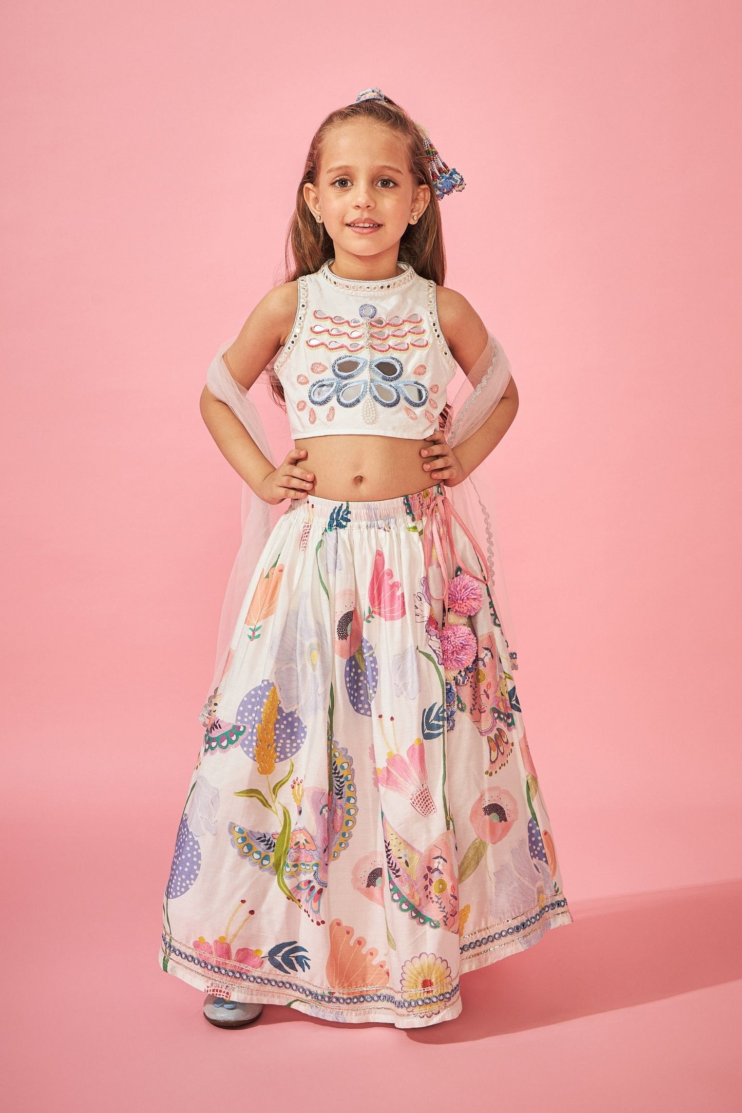 White Bloom Girls Skirt With Embellished Crop Top - Boy & Girl