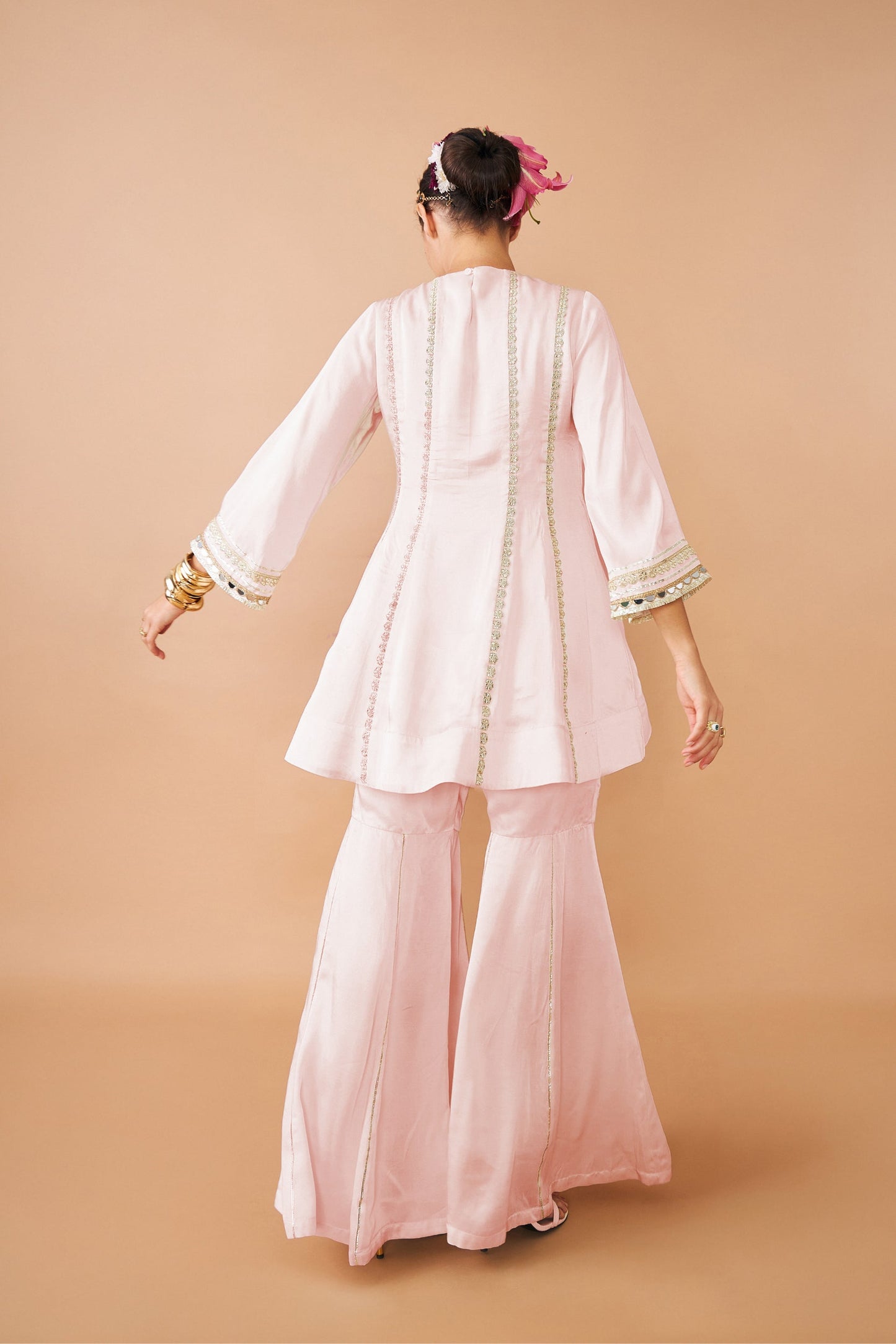 Ivora Pink Ladies Embellished Tunic With Flared Trousers Co-ord ( Set of 2pcs )