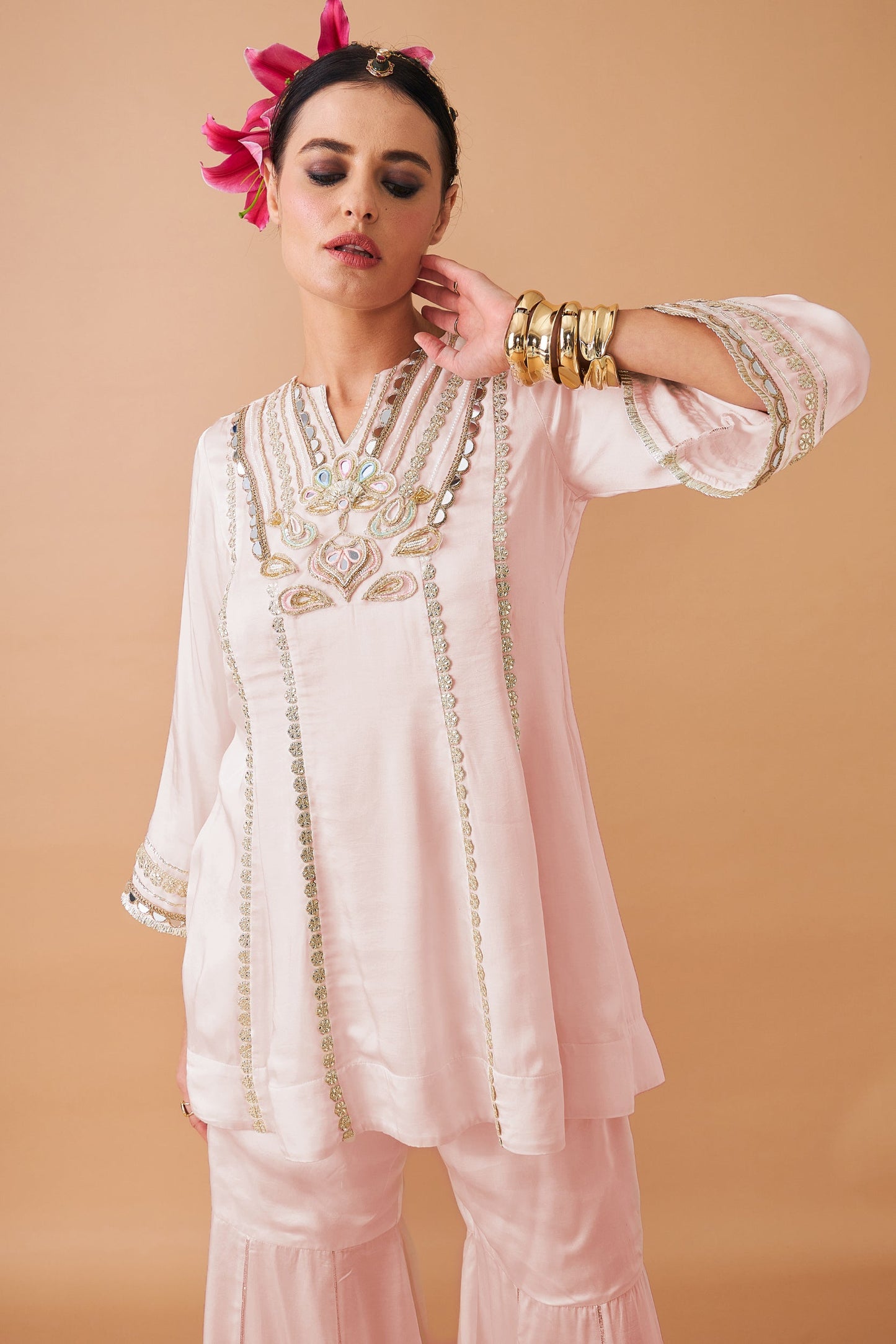 Ivora Pink Ladies Embellished Tunic With Flared Trousers Co-ord ( Set of 2pcs )