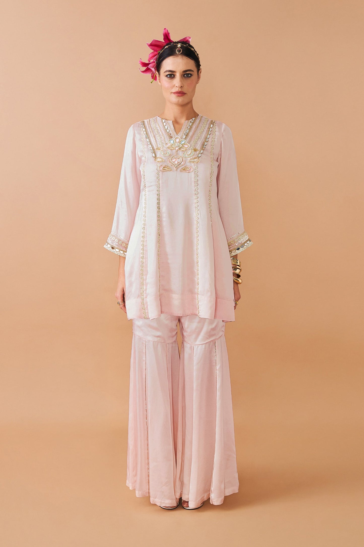 Ivora Pink Ladies Embellished Tunic With Flared Trousers Co-ord ( Set of 2pcs )