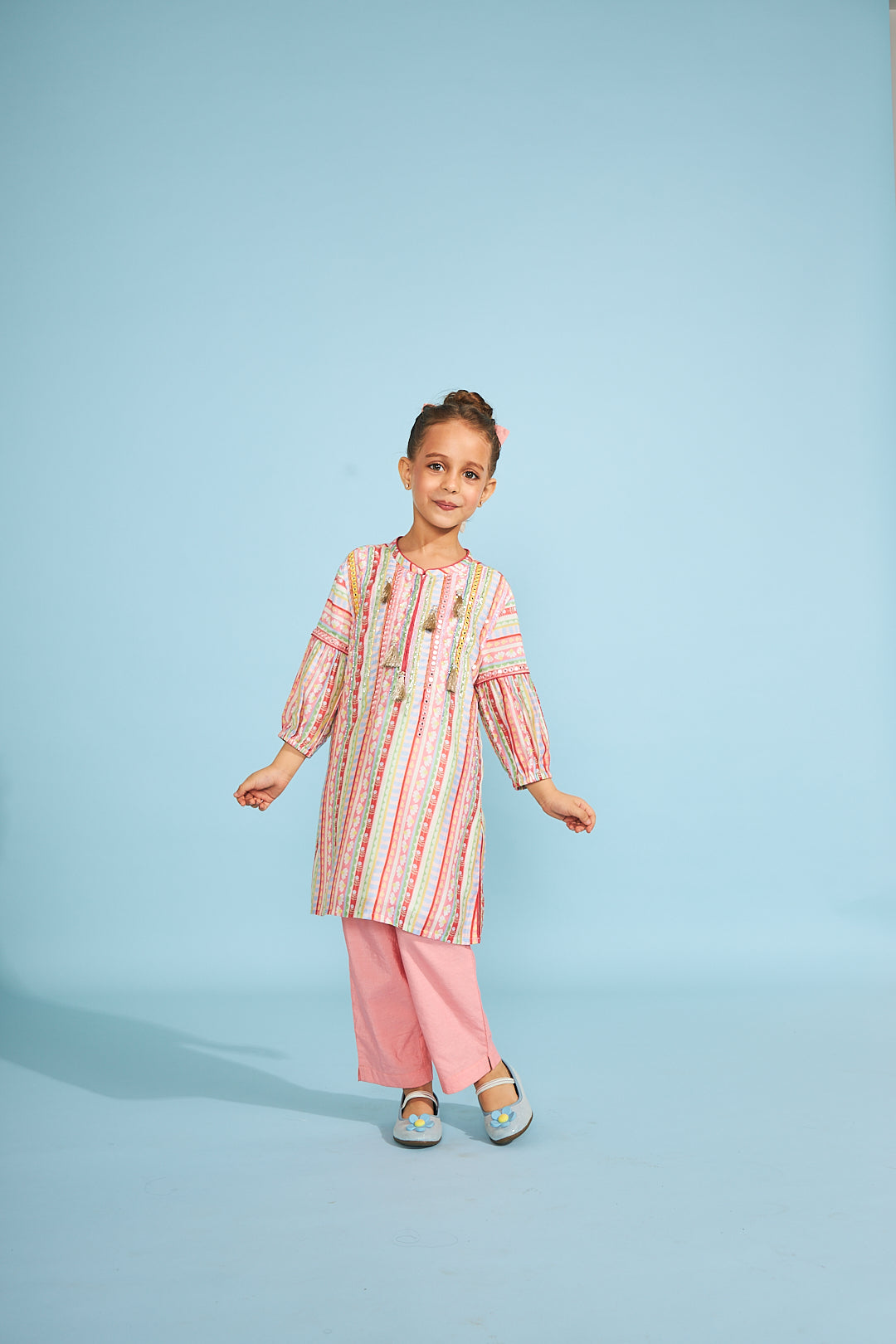 Candy Stripe Girls  Embellished Tunic Trouser Coord (2 Pc Set)