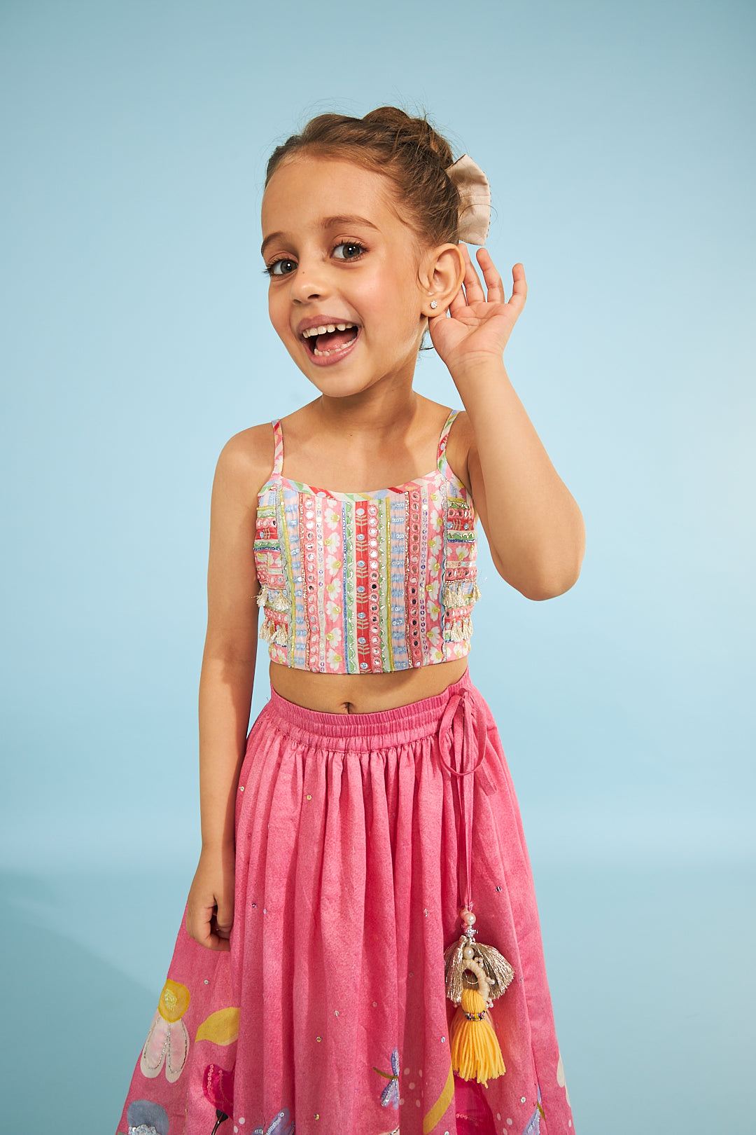 Candy Stripe Girls Embellished Crop Top With Embellished Printed Skirt  (3 Pc Set)