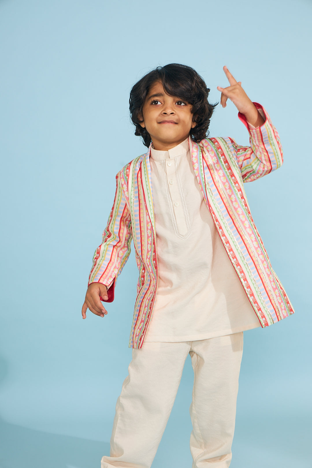 Candy Stripe Embellished Boys Jacket With Cream Kurta Trouser (3 Pc)